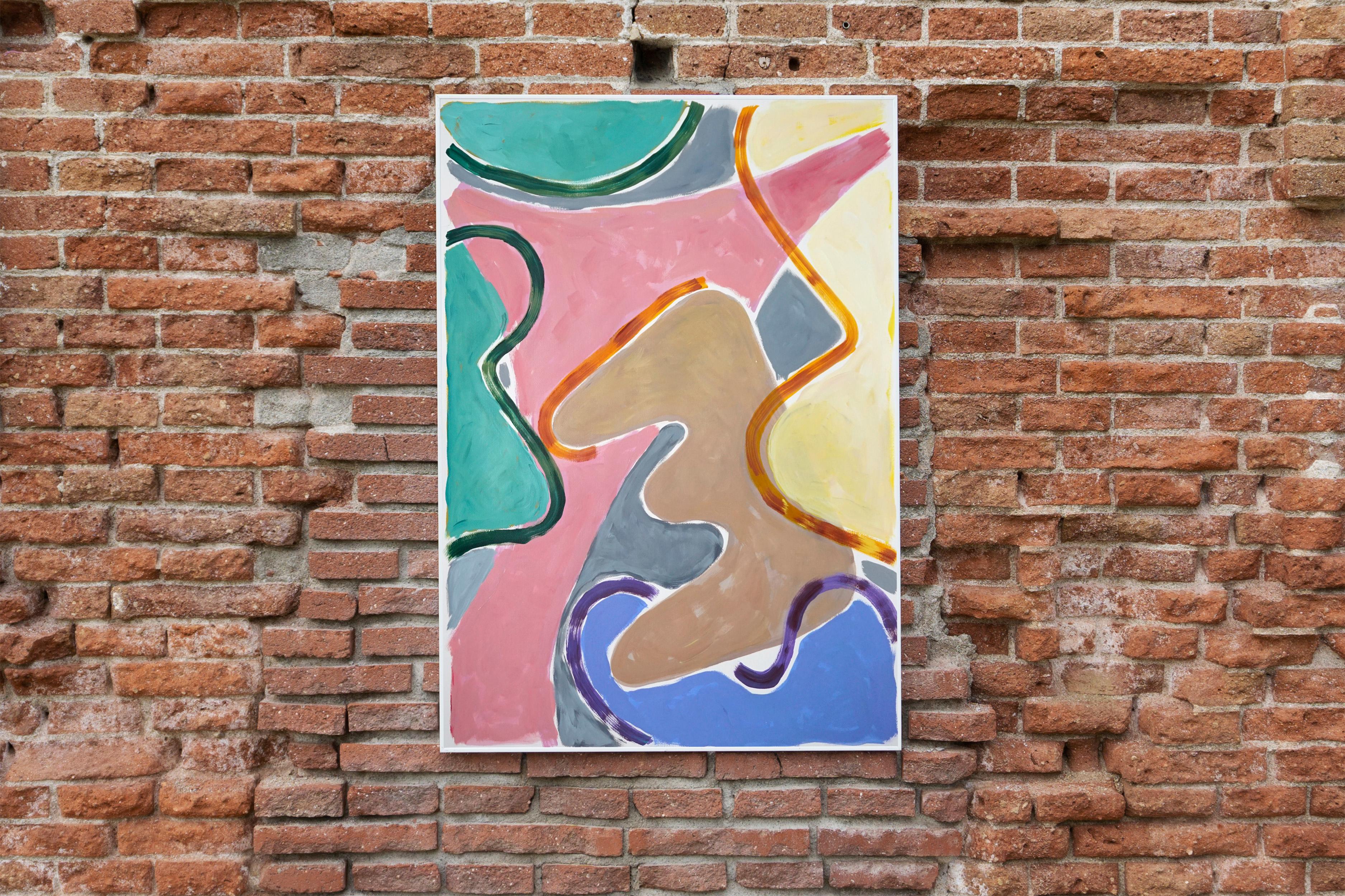 Vivid Colors of layered Curvilinear Forms, Abstract Painting in Warm Tones, Pink For Sale 3