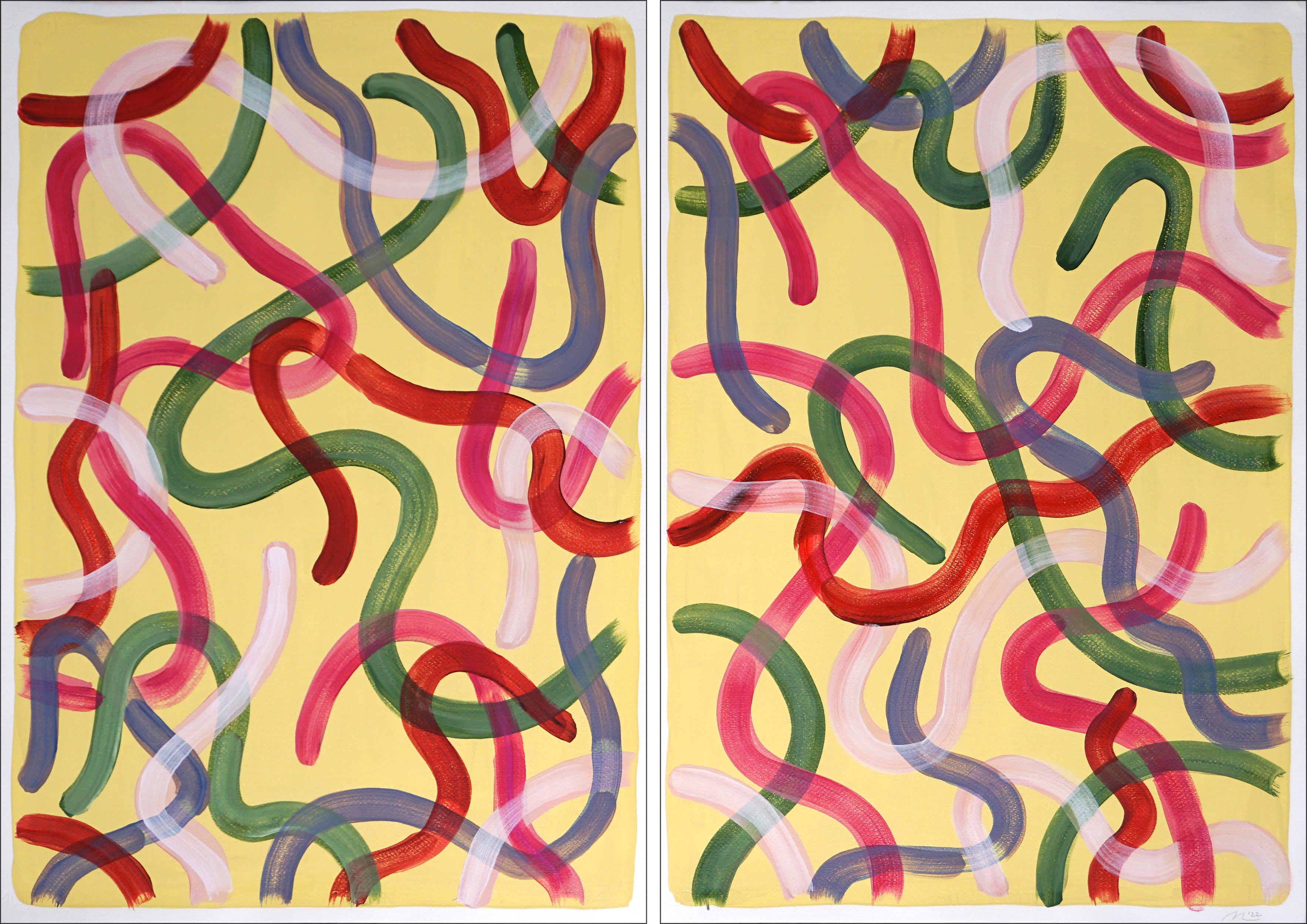 Natalia Roman Landscape Painting - Vivid Gestures on Vanilla, Duo of Organic Brushstrokes, Red, Green, Pink, Urban