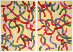 Vivid Gestures on Vanilla, Duo of Organic Brushstrokes, Red, Green, Pink, Urban