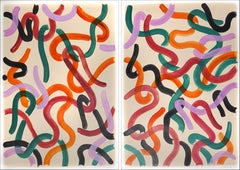 Vivid Gestures on Vanilla, Fresh Urban Brushstrokes Diptych, Orange and Green