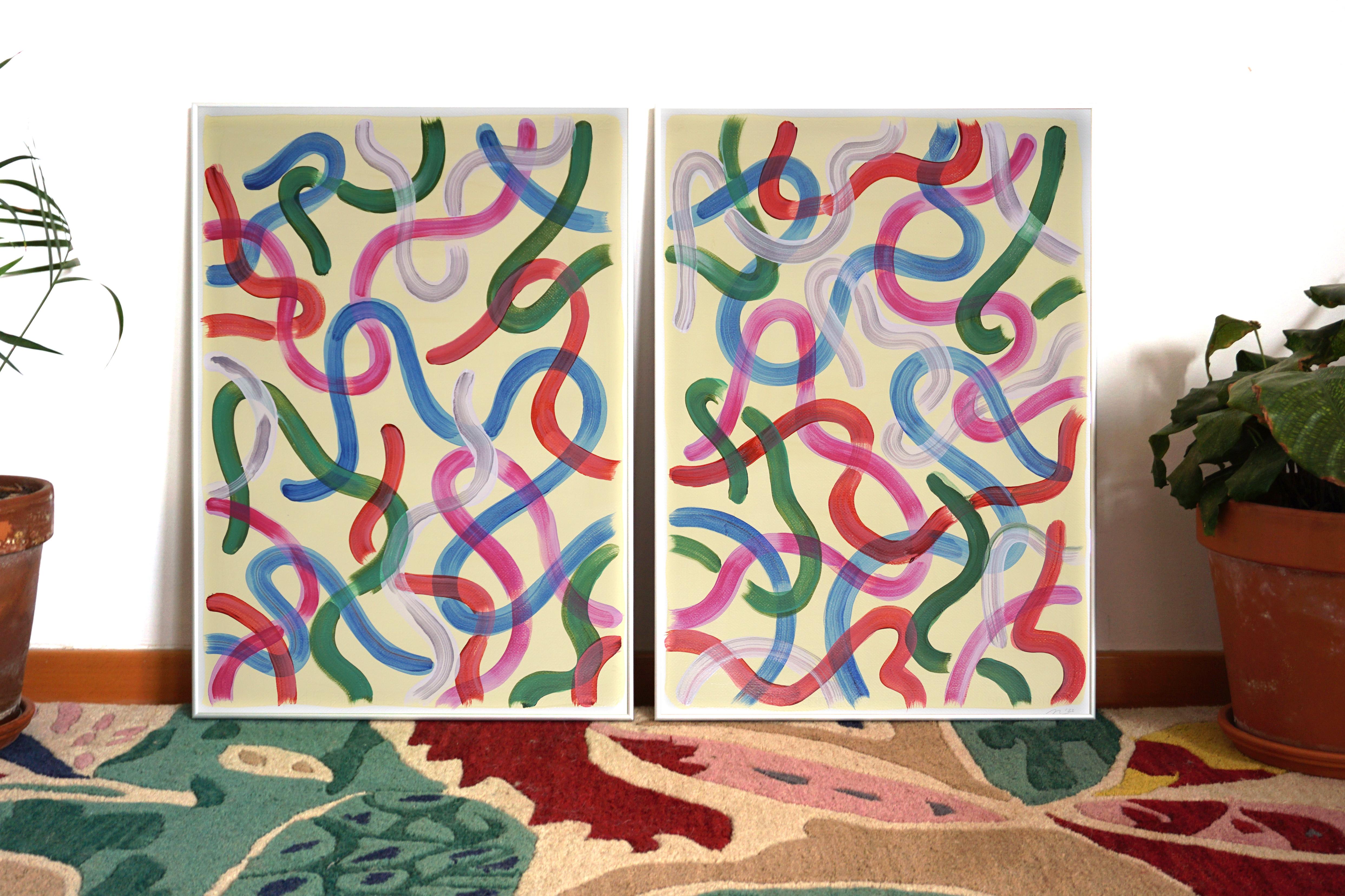 Vivid Gestures on Vanilla, Urban Brush Strokes in Red, Pink and Green, Diptych For Sale 1