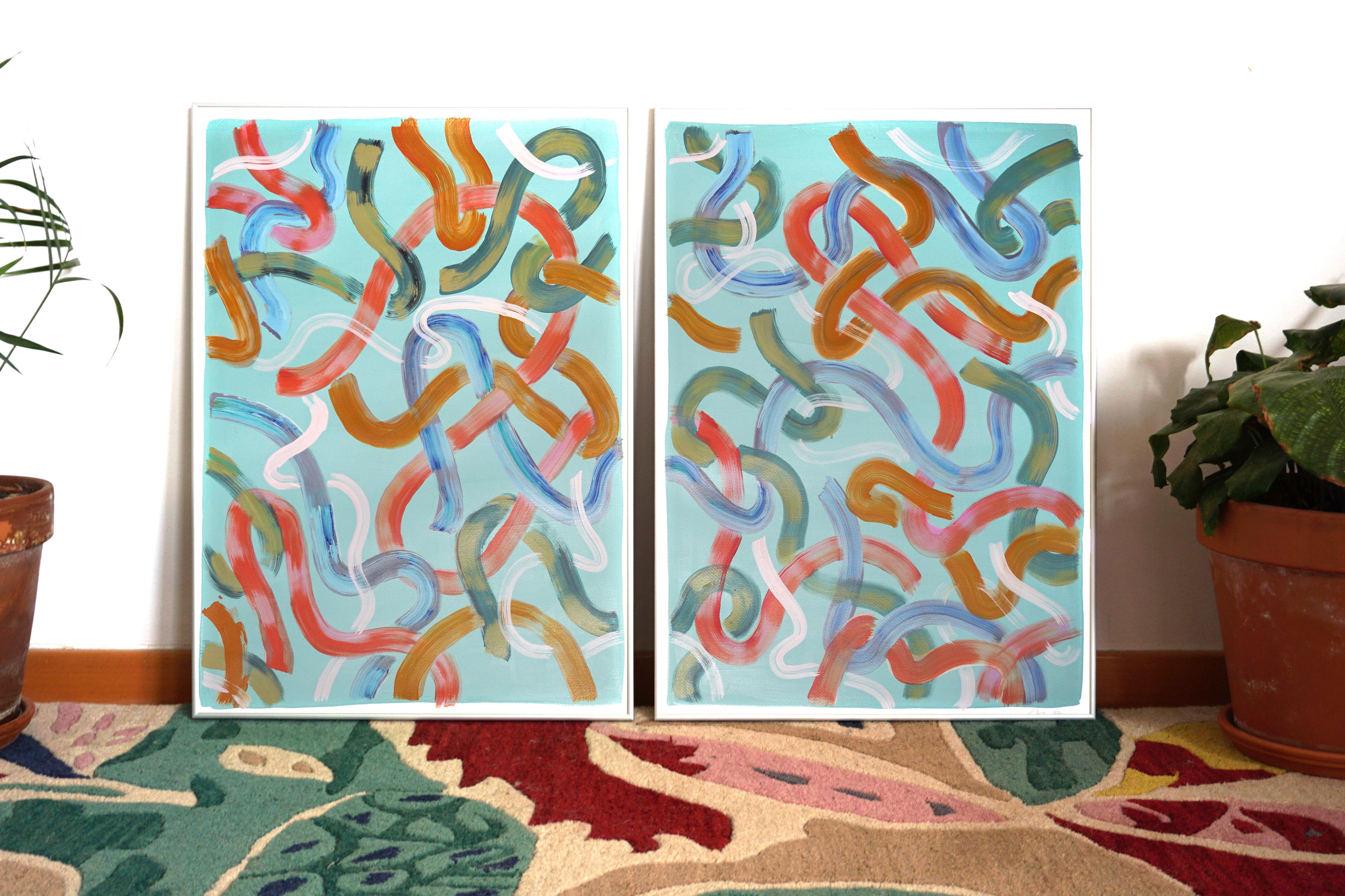 Vivid Looping Lines on Turquoise, Red, Green & Ocre Brushstrokes Diptych, Urban For Sale 1