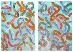 Vivid Looping Lines on Turquoise, Red, Green & Ocre Brushstrokes Diptych, Urban