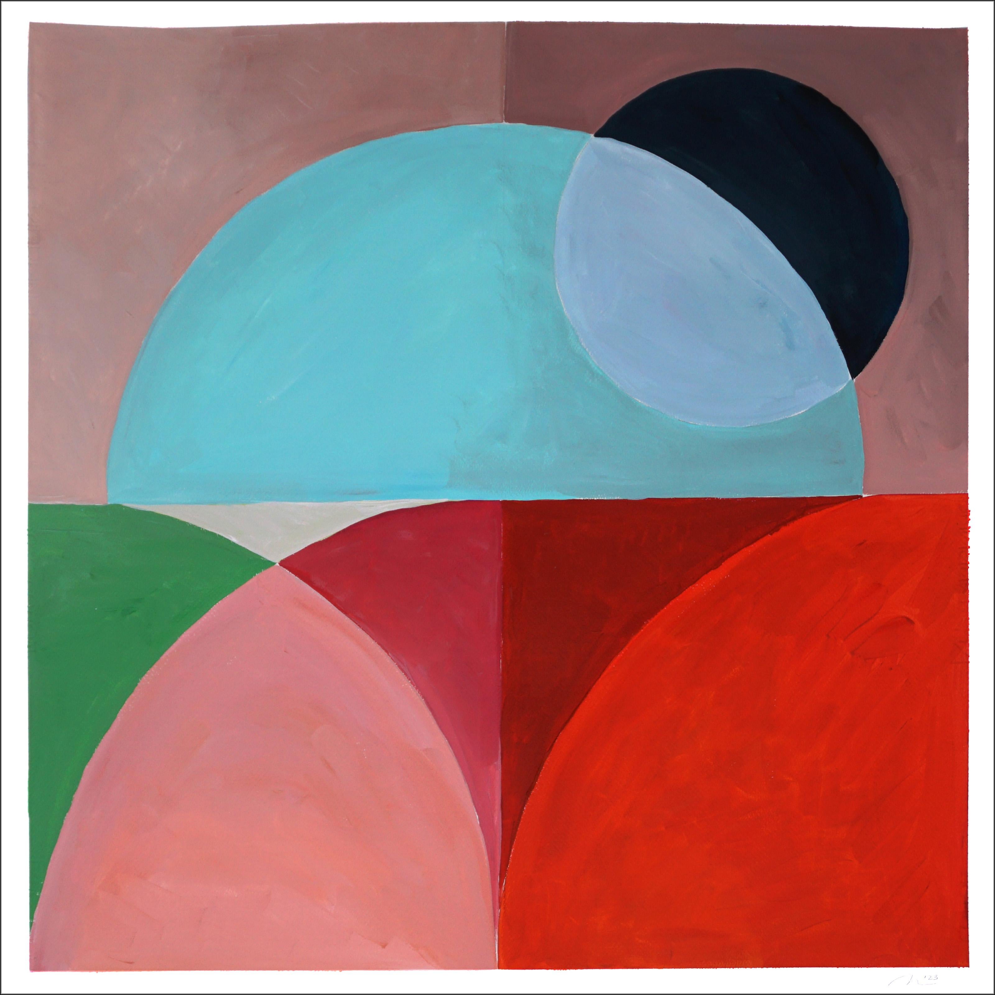 Natalia Roman Abstract Painting - Volcano Eclipse, Geometric Landscape in Red, Turquoise, Black Moon, Astronomy
