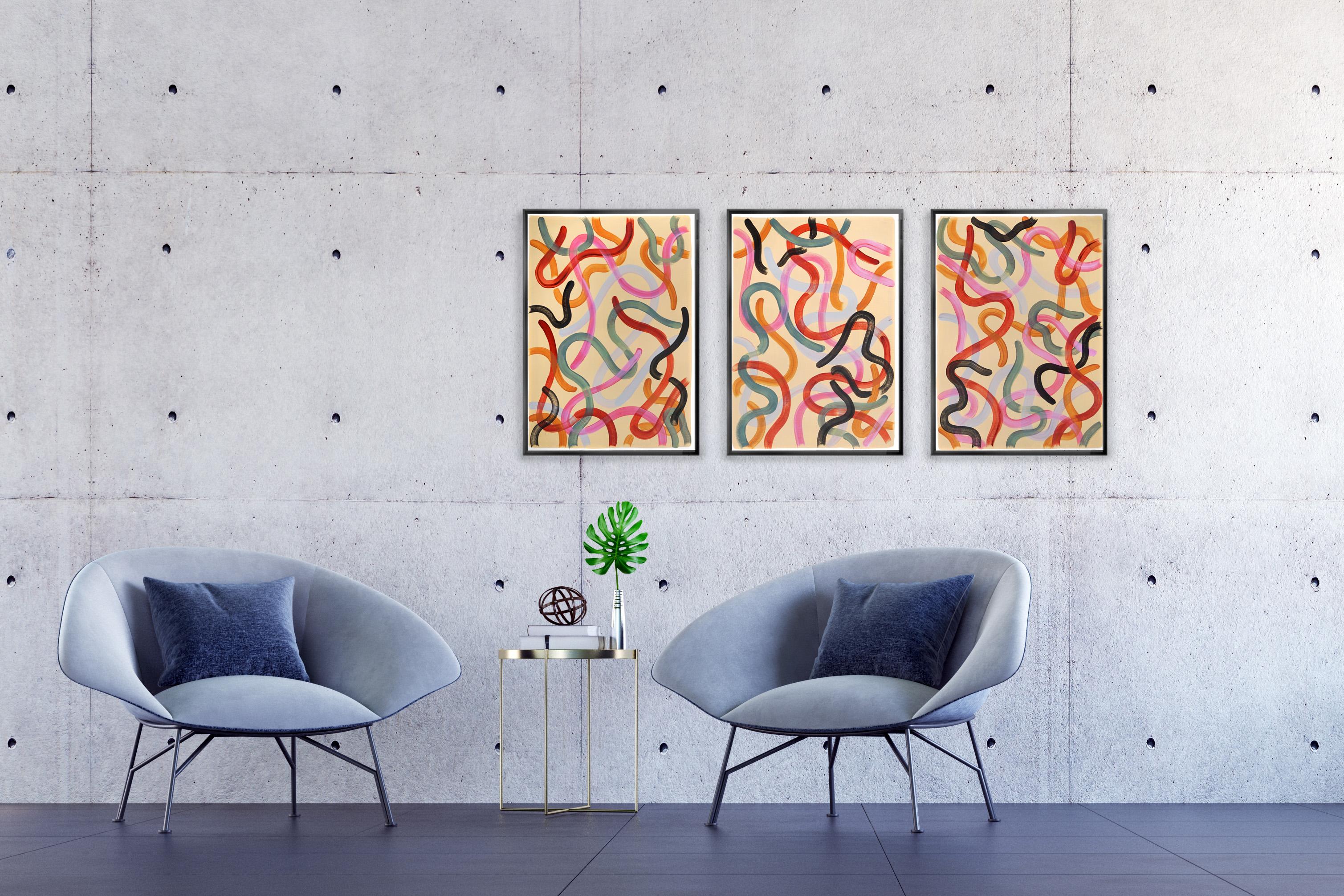 Warm Pastel Tones Triptych, Urban Style Brush Strokes, Abstract Yellow, Pink Red - Painting by Natalia Roman