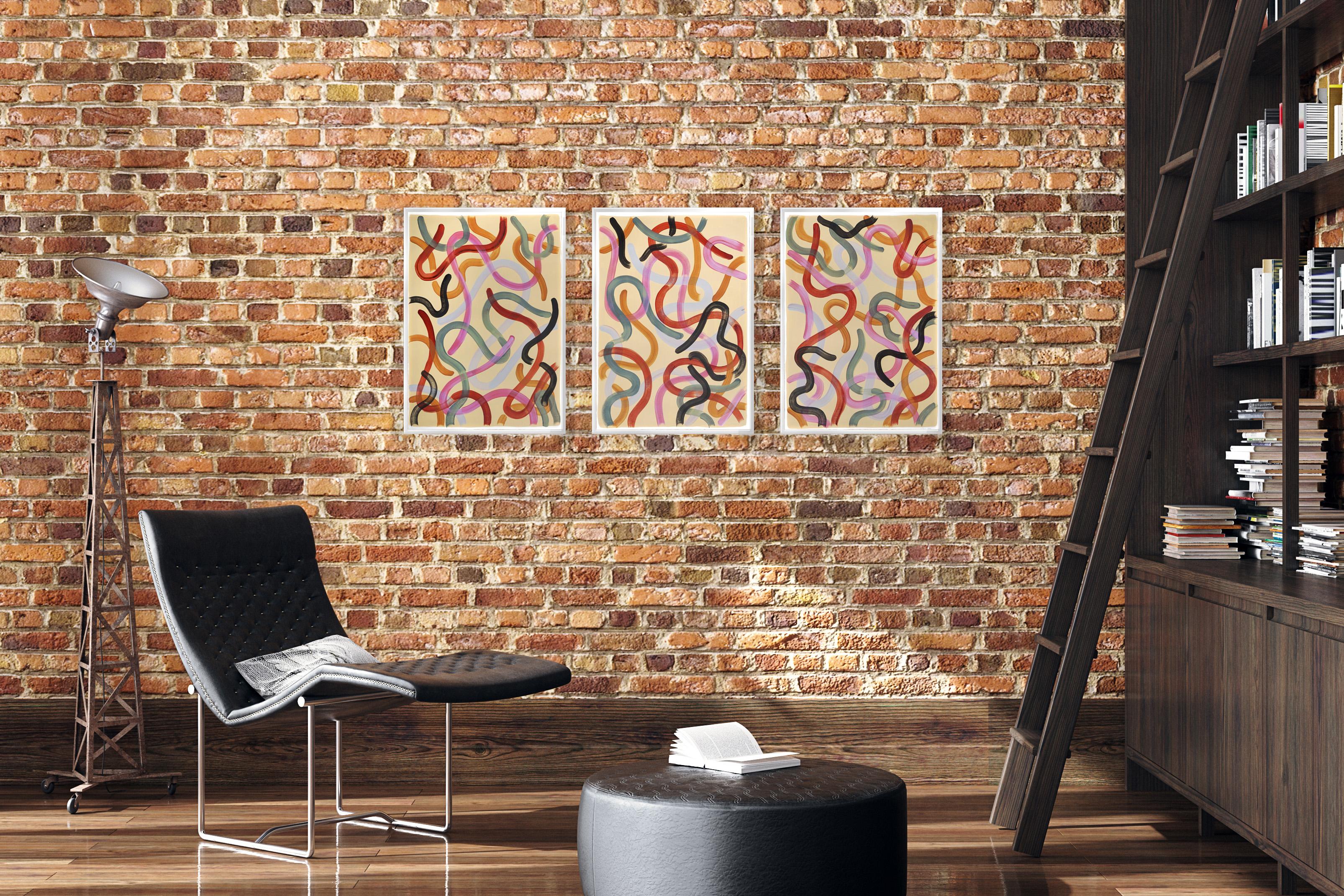 Tríptico Tonos Pasteles Cálidos, Pinceladas Estilo Urbano, Abstracto Amarillo, Rosa Rojo en venta 2