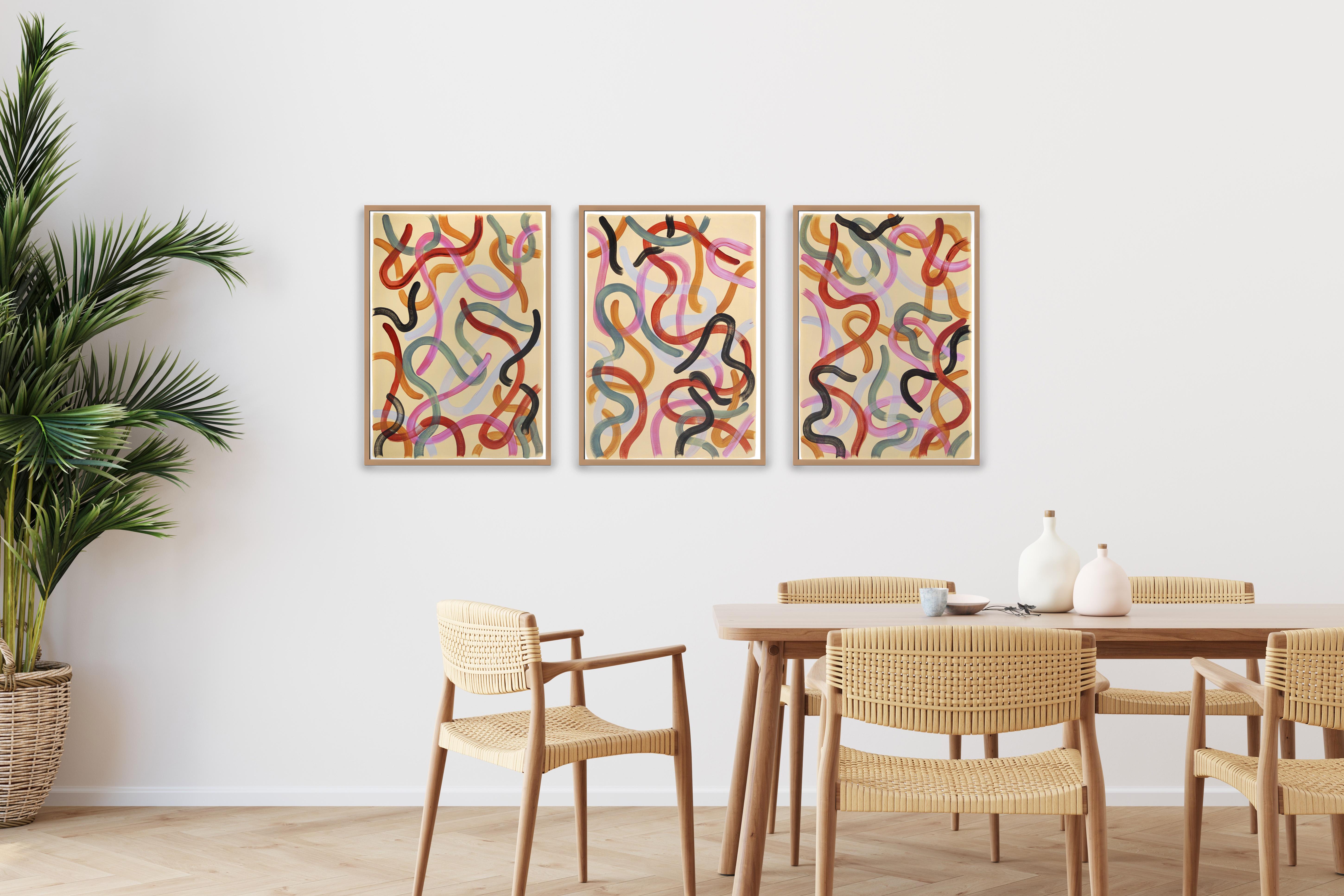 Warm Pastel Tones Triptych, Urban Style Brush Strokes, Abstract Yellow, Pink Red For Sale 1