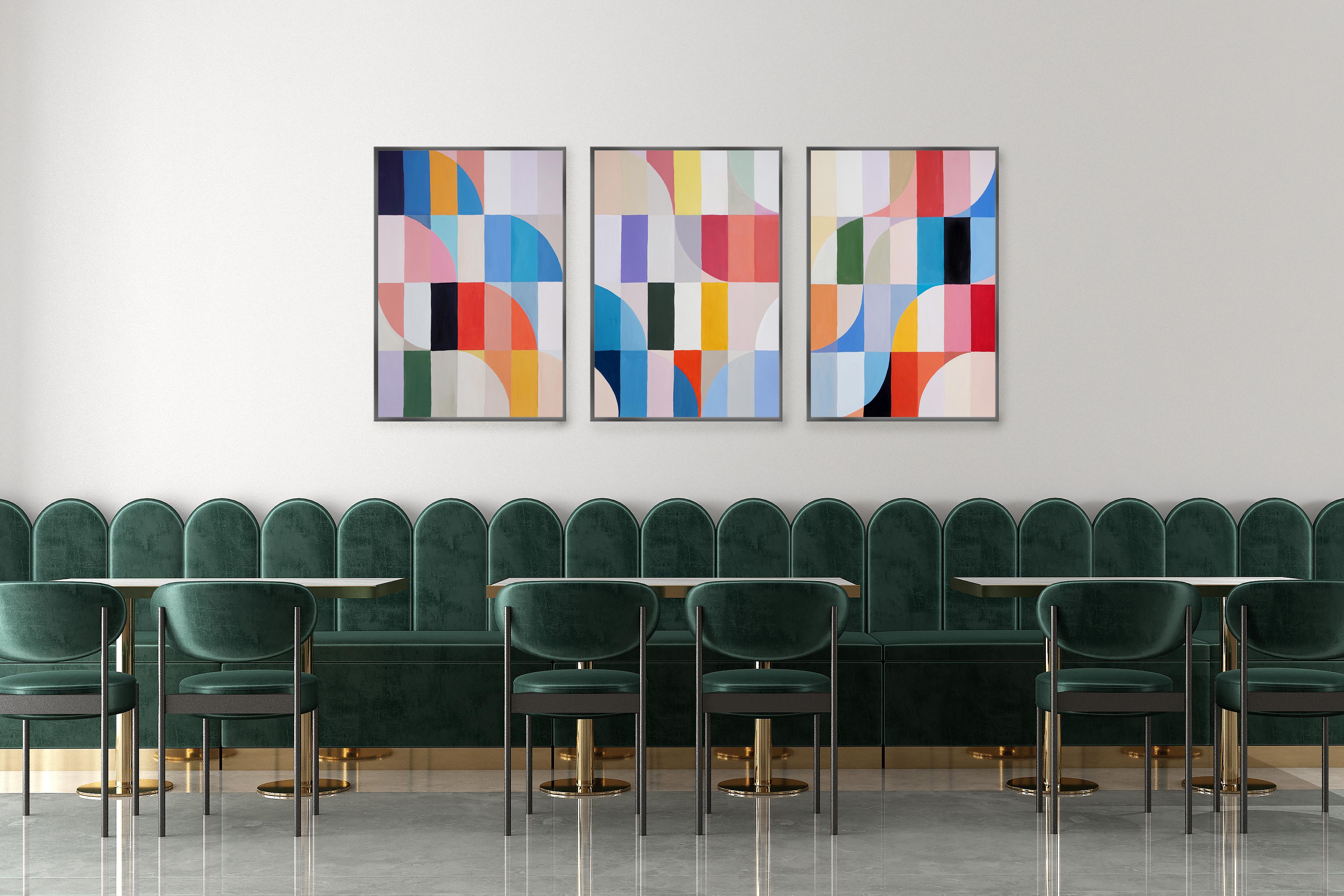 Wave Goodbye, Bauhaus Geometric Triptych Tiles, Abstract Landscape, Blue, Pink - Painting by Natalia Roman