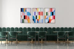 Wave Goodbye, Bauhaus Geometric Triptych Tiles, Abstract Landscape, Blue, Pink