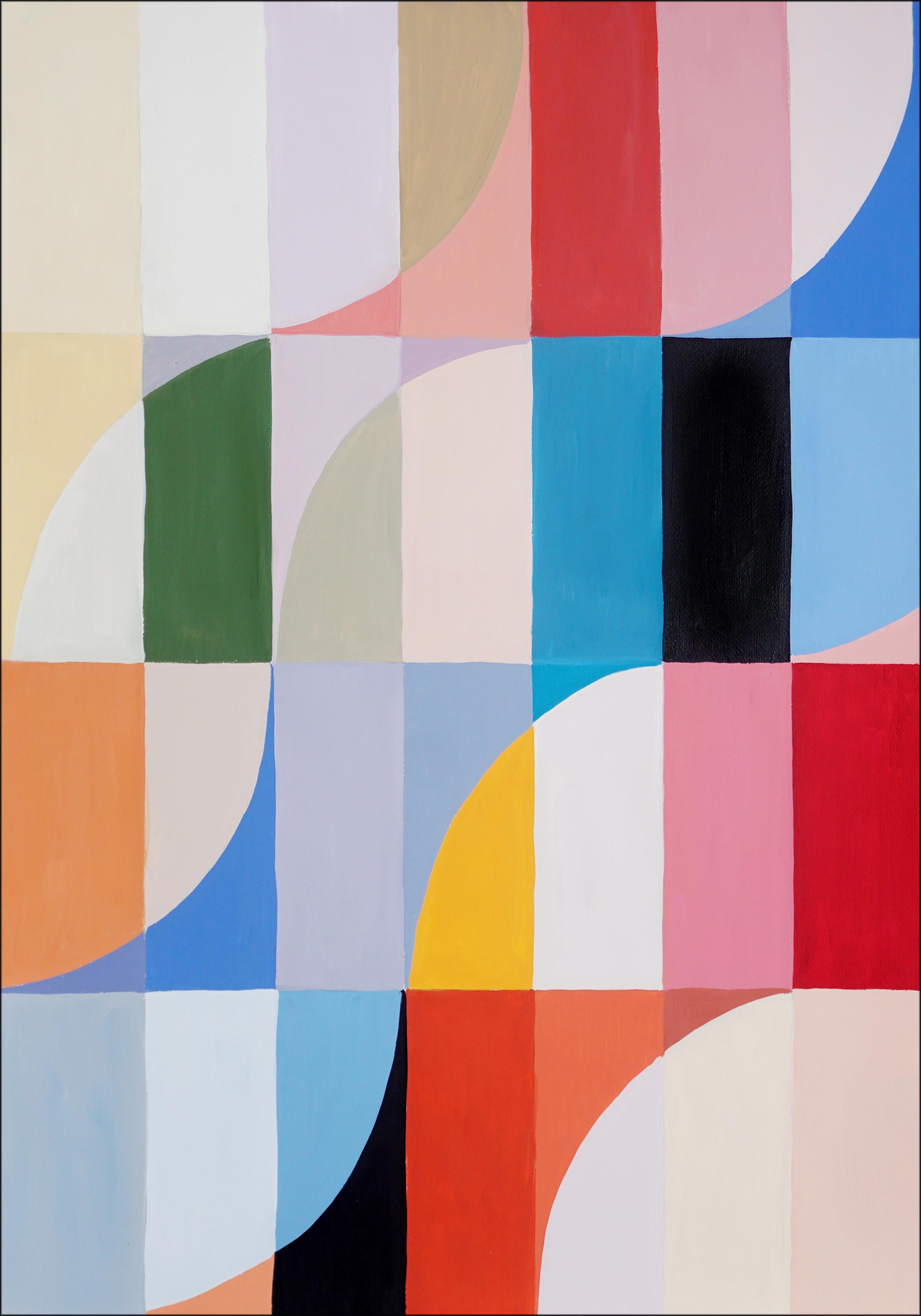 Wave Goodbye, Bauhaus Geometric Triptych Tiles, Abstract Landscape, Blue, Pink 1