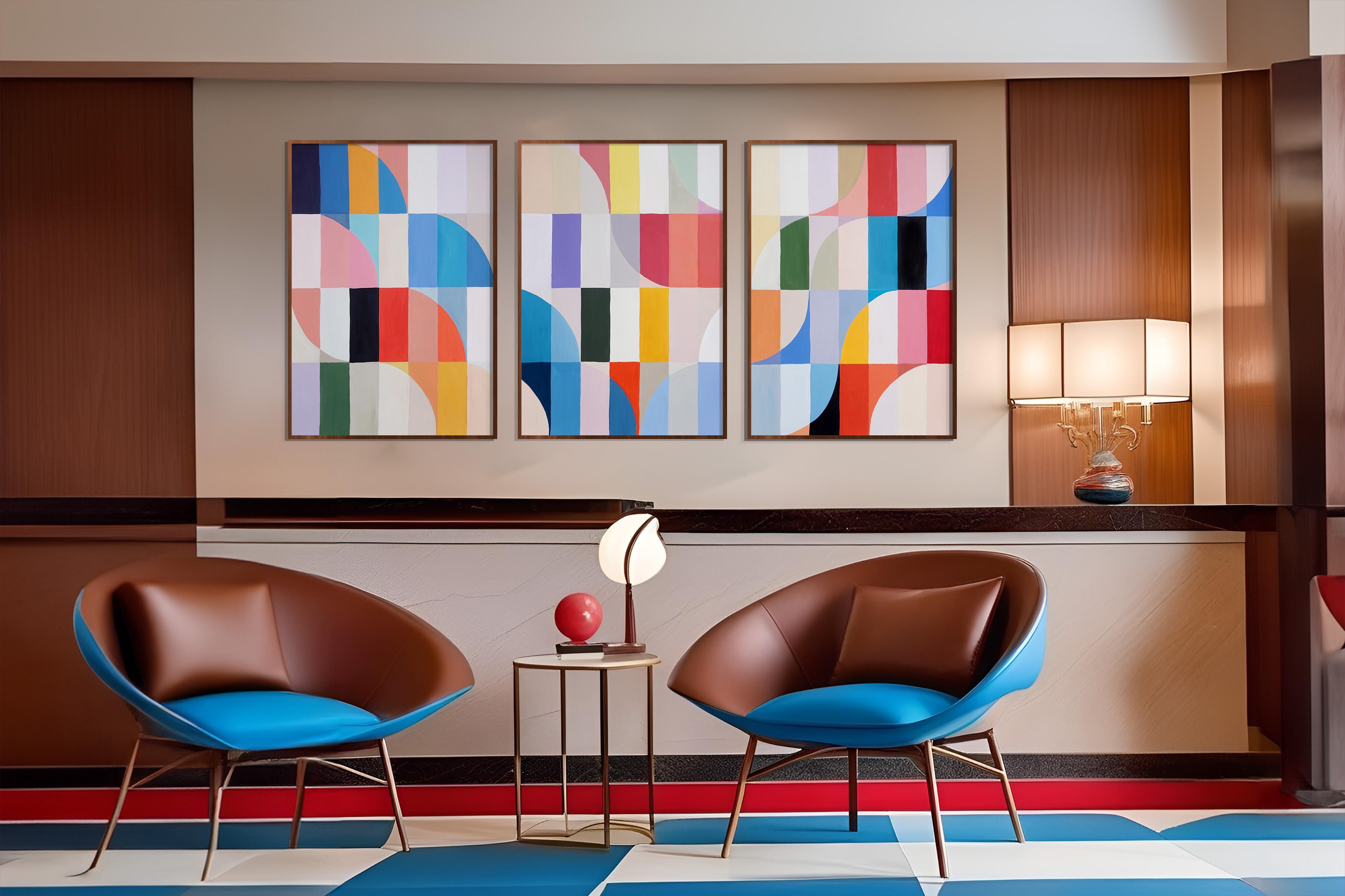 Wave Goodbye, Bauhaus Geometric Triptych Tiles, Abstract Landscape, Blue, Pink 2