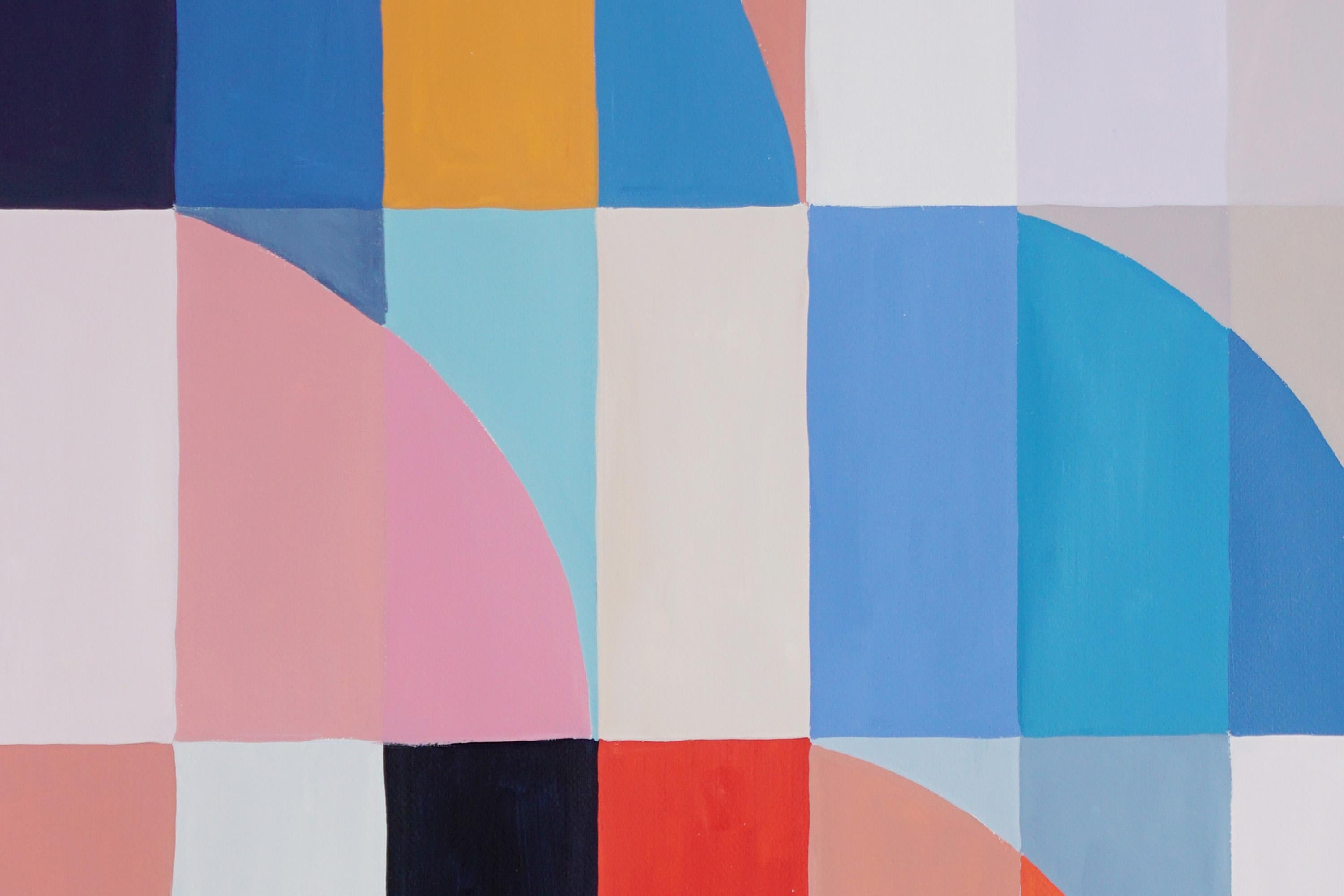Wave Goodbye, Bauhaus Geometric Triptych Tiles, Abstract Landscape, Blue, Pink 4