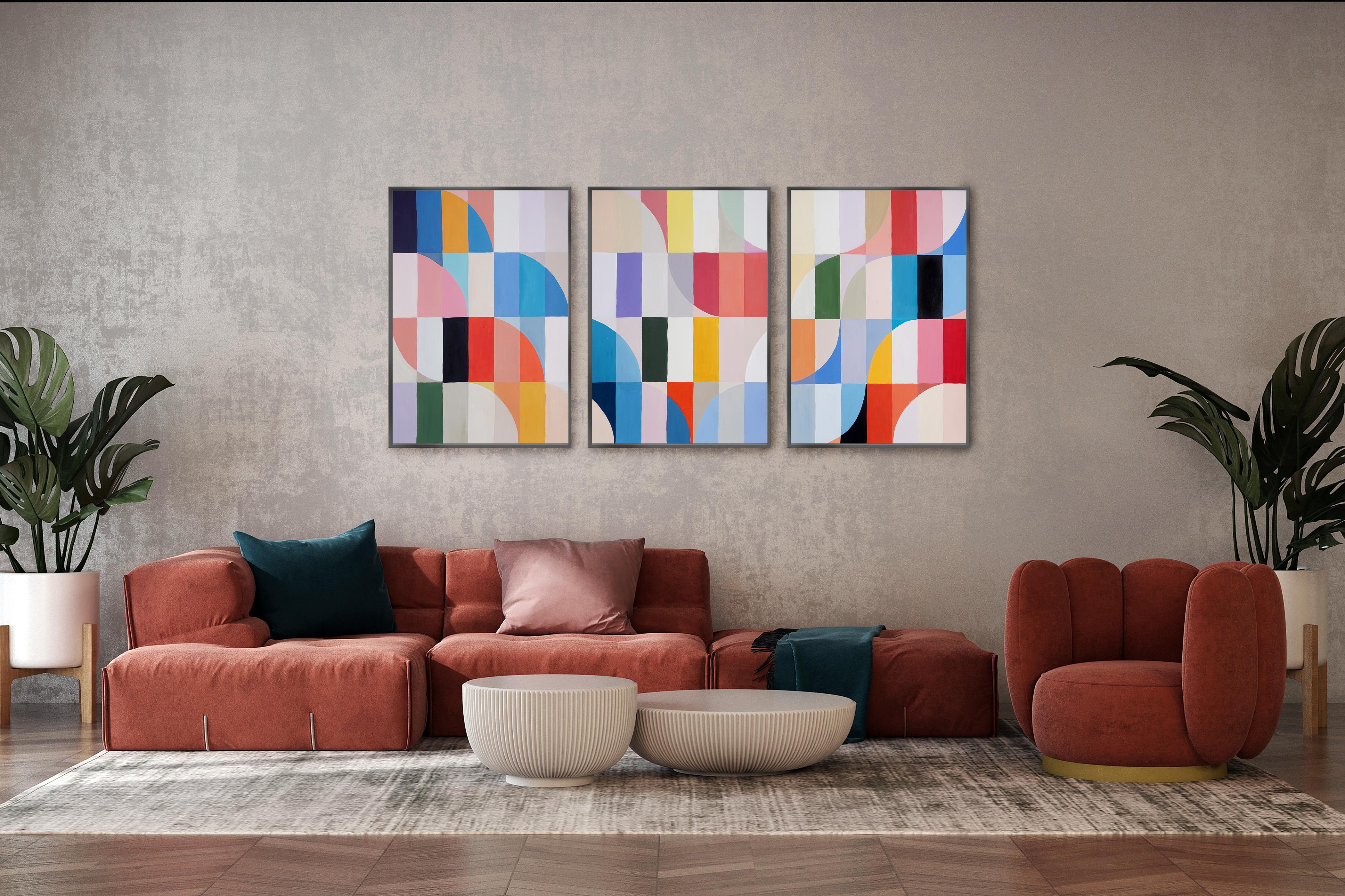 Wave Goodbye, Bauhaus Geometric Triptych Tiles, Abstract Landscape, Blue, Pink 5
