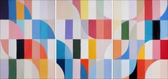 Wave Goodbye, Bauhaus Geometrische Triptychon Kacheln, Abstrakte Landschaft, Blau, Rosa