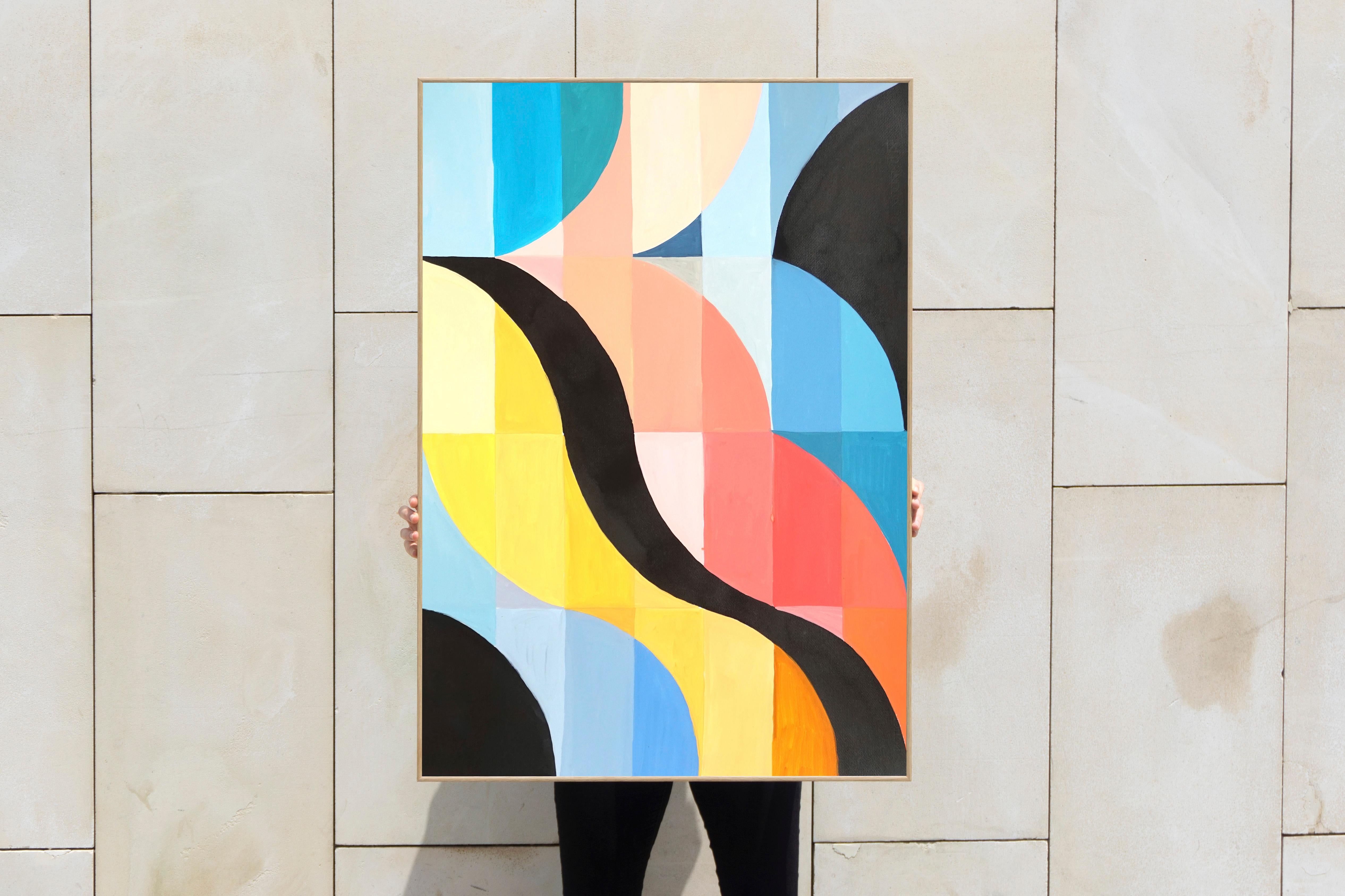 Waves and their Shadows, Bauhaus Geometrische Muster in Schwarz, Primärtöne  (Geometrische Abstraktion), Painting, von Natalia Roman