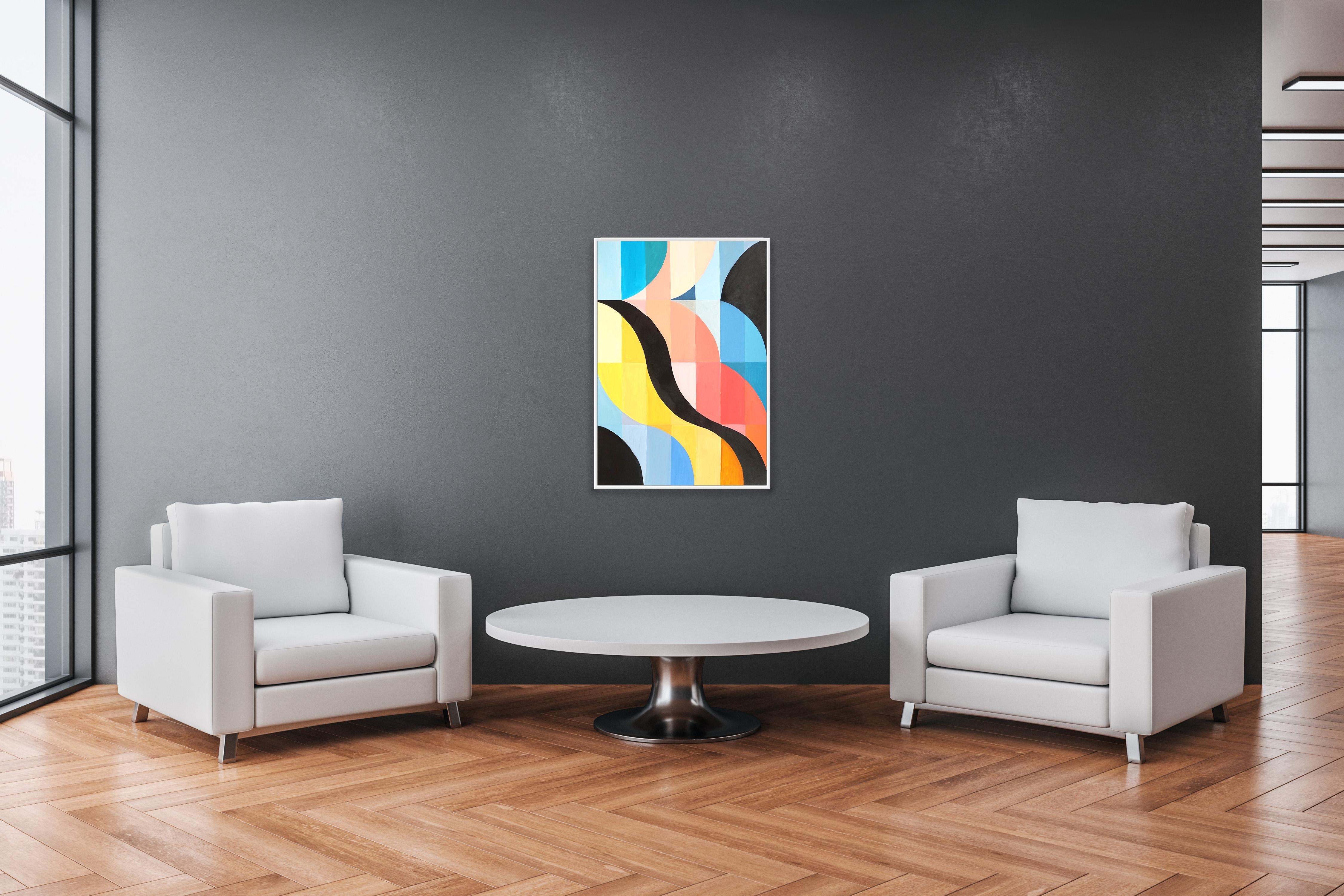 Waves and their Shadows, Bauhaus Geometric Patterns in Black, Primary Tones Hue  For Sale 1