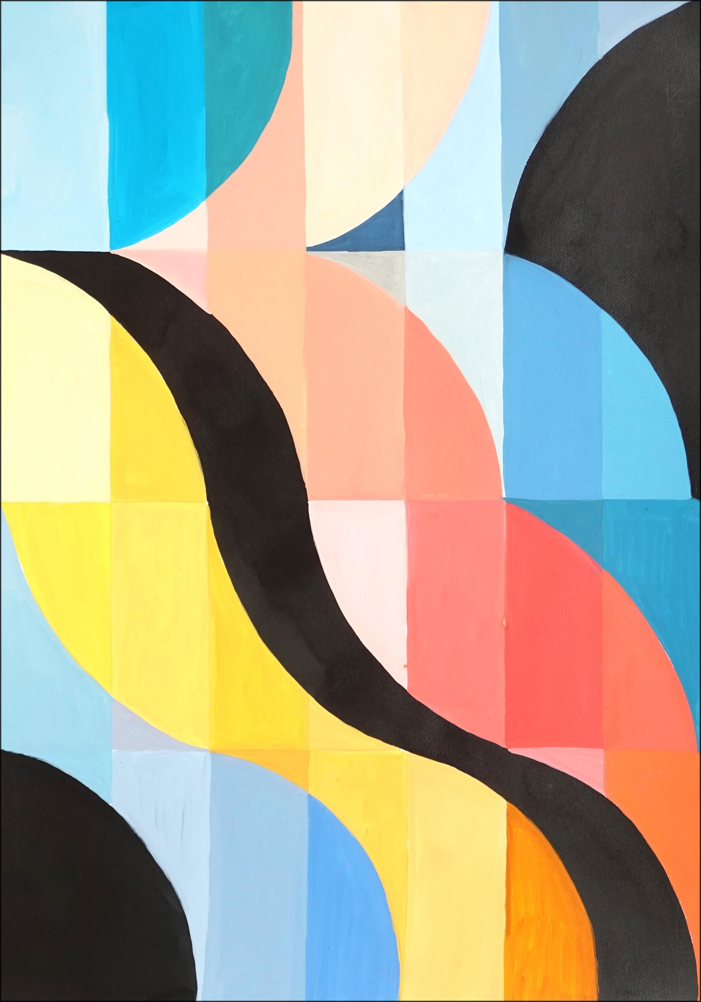 Natalia Roman Landscape Painting – Waves and their Shadows, Bauhaus Geometrische Muster in Schwarz, Primärtöne 
