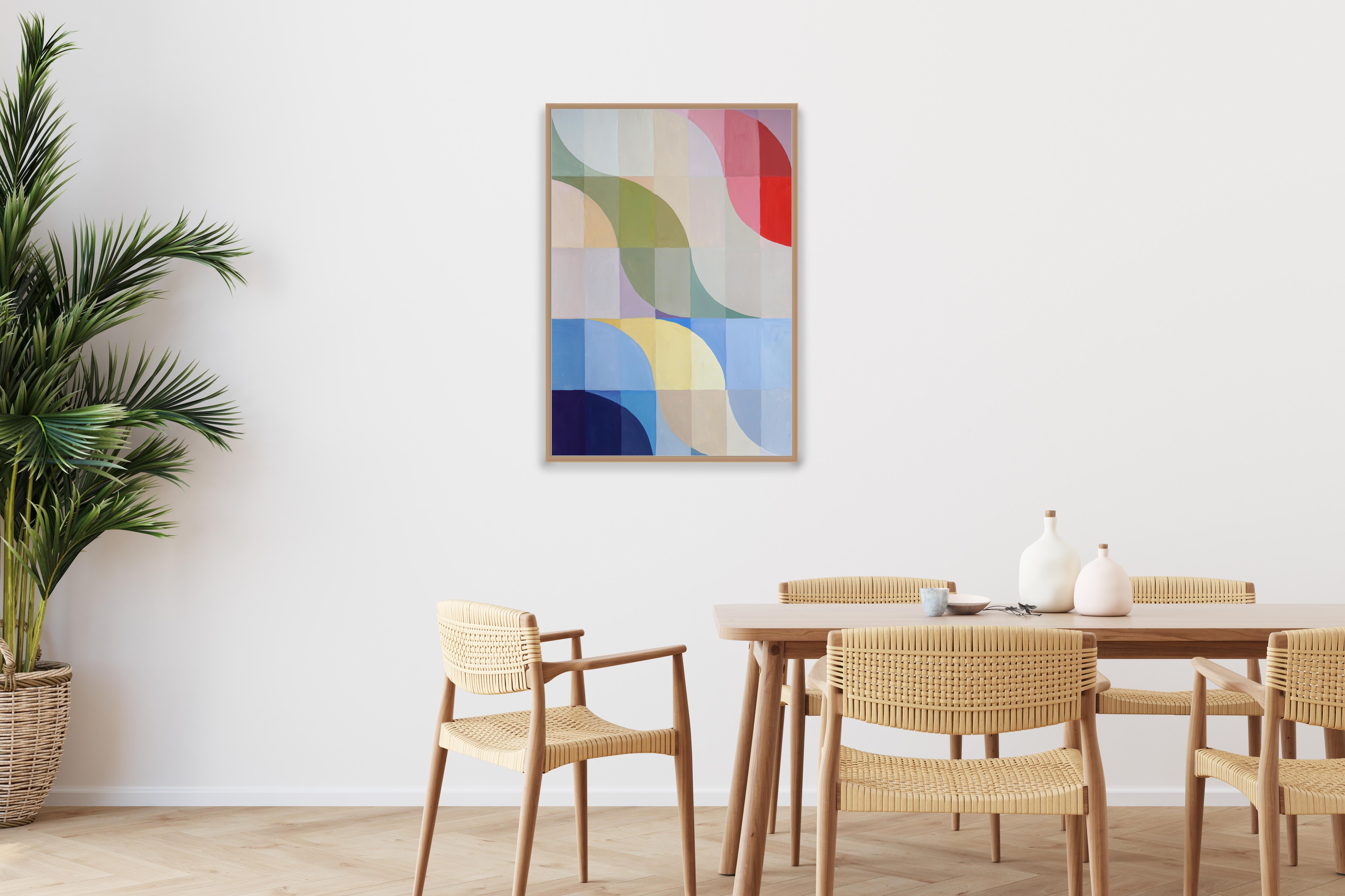 Wavy Coastline Seascape, Abstract Geometric Landscape, Bauhaus Blue, Yellow, Red - Gray Landscape Painting by Natalia Roman