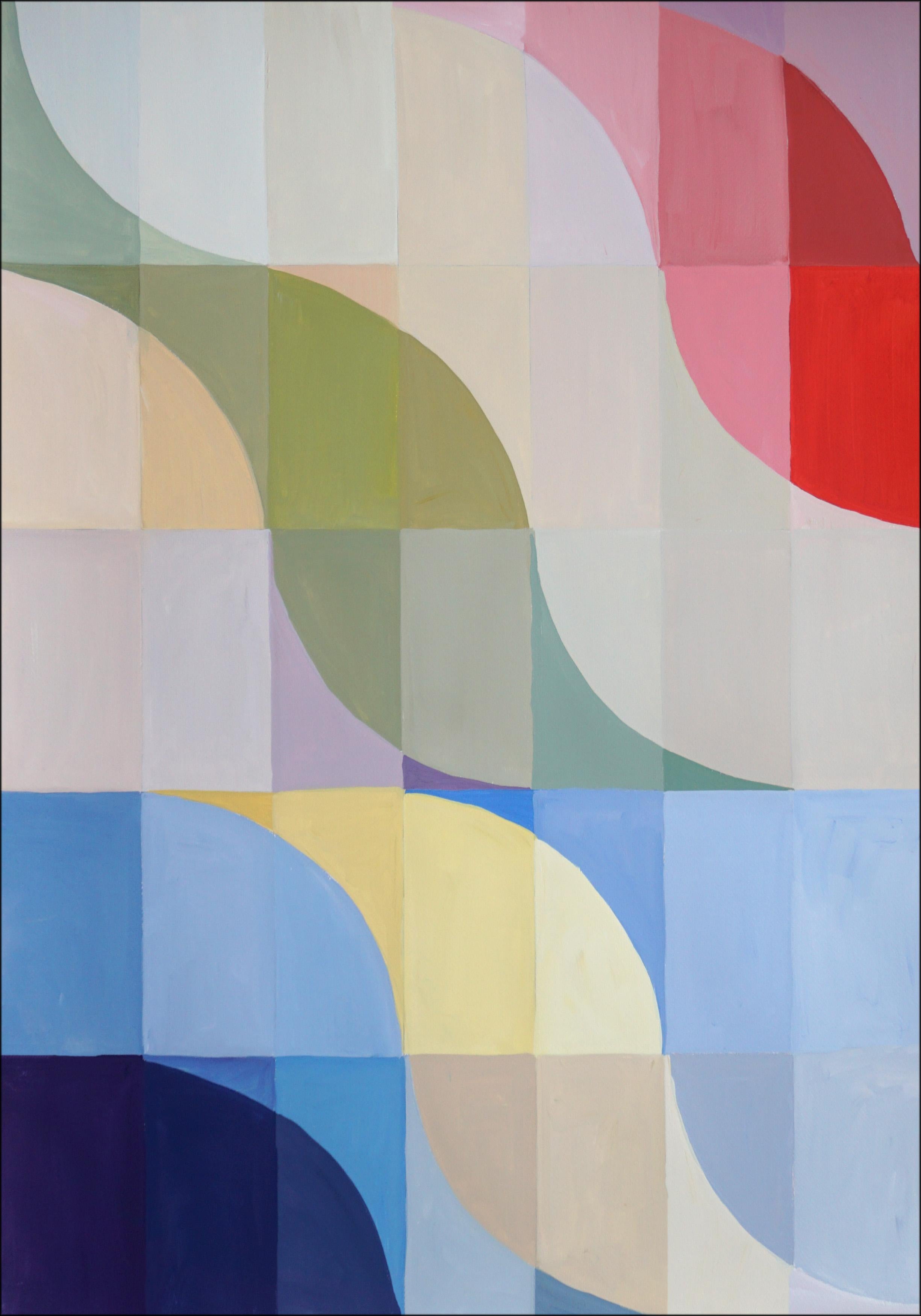 Natalia Roman Landscape Painting - Wavy Coastline Seascape, Abstract Geometric Landscape, Bauhaus Blue, Yellow, Red