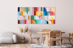 Wildflower Harvest, Bauhaus Mosaic Triptych Painting, Paper, Vivid Tones Pattern