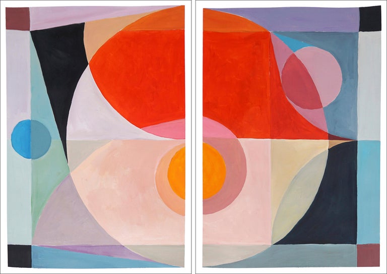 Natalia Roman Abstract Painting - Written in the Stars, Diptych in Red, Fibonacci Pattern, Gray, Orange, Organic