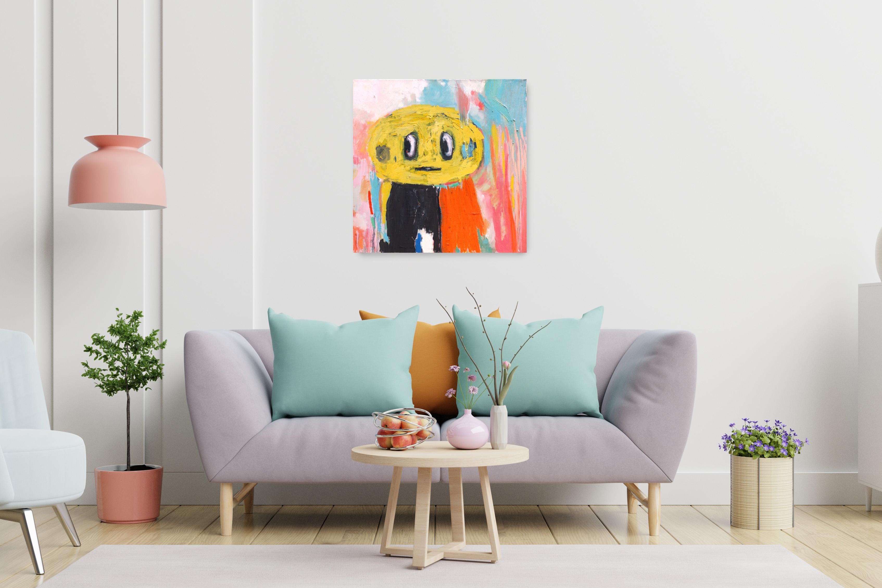 Yellow Abstract Face, Squared Oil Painting on Canvas, Smilie Portrait Vivid Tone 2