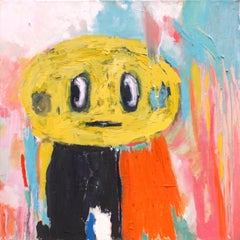Yellow Abstract Face, Squared Oil Painting on Canvas, Smilie Portrait Vivid Tone