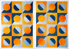 Yellow and Blue Diptych of Sunset Tiles, Modern Patterns, Primary Geometry Grid
