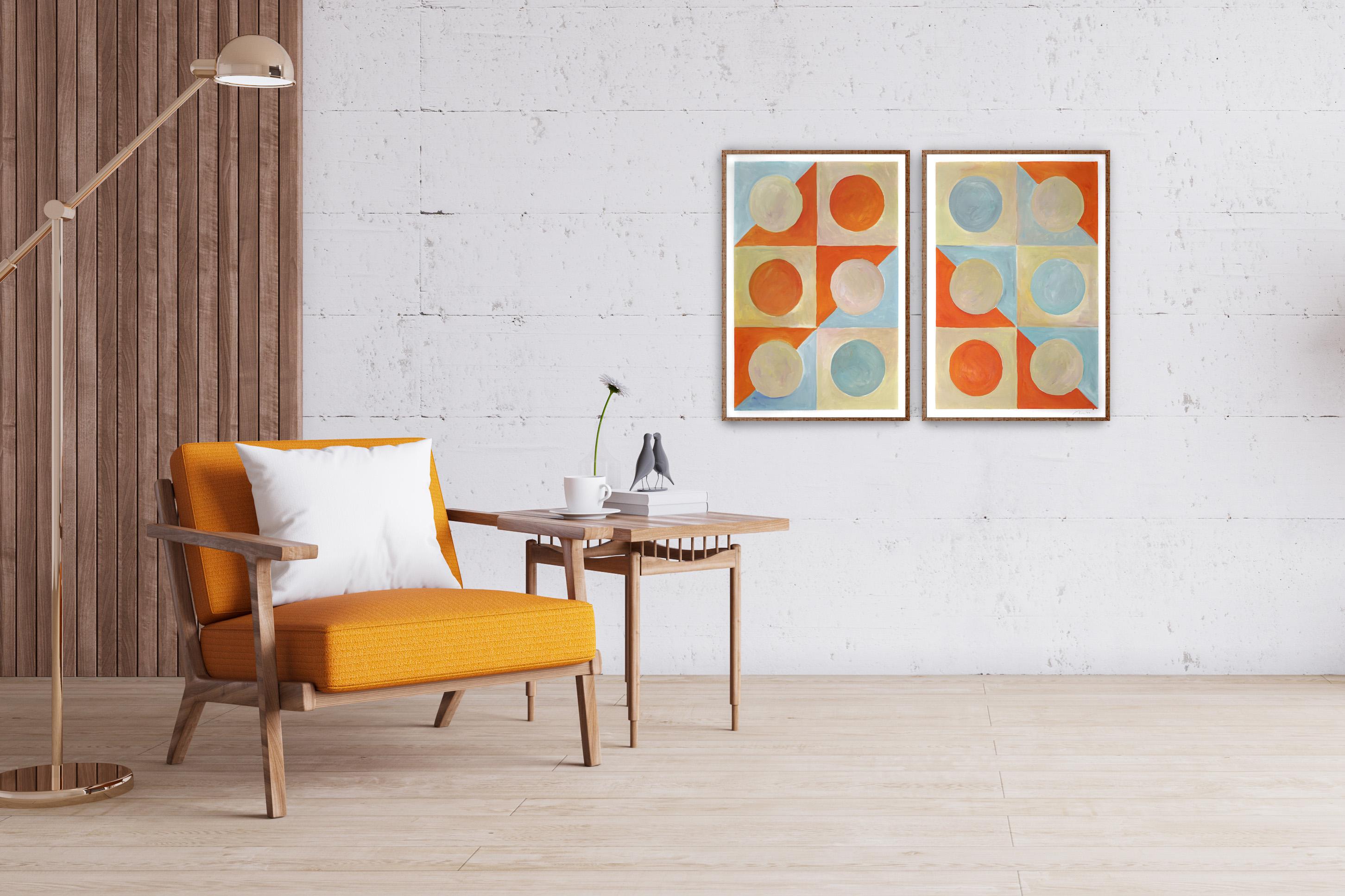 Yin Yang carreaux à motif doré, diptyque en formes de Bauhaus orange et turquoise, 2022 - Painting de Natalia Roman