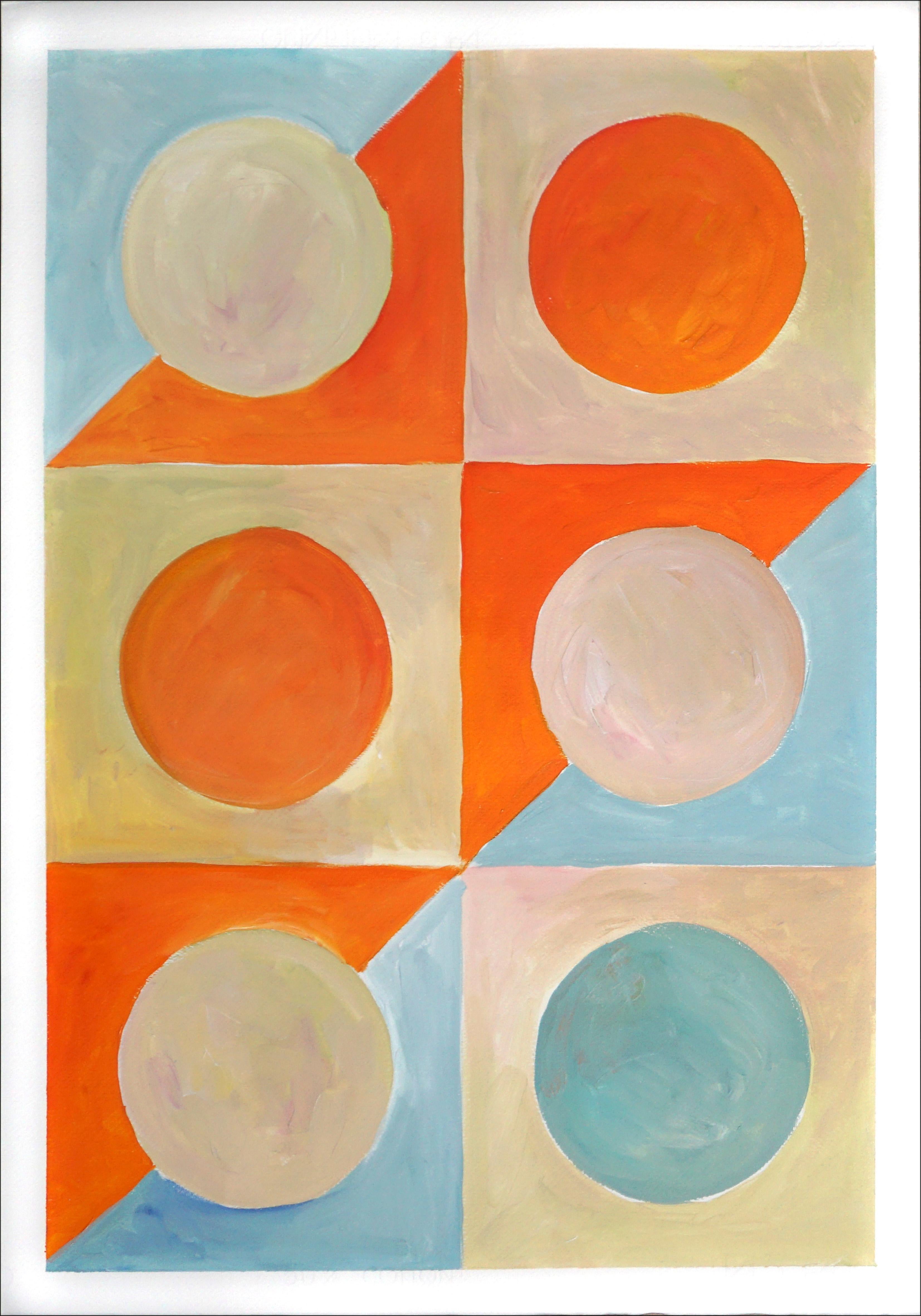 Yin Yang carreaux à motif doré, diptyque en formes de Bauhaus orange et turquoise, 2022 - Vert Abstract Painting par Natalia Roman