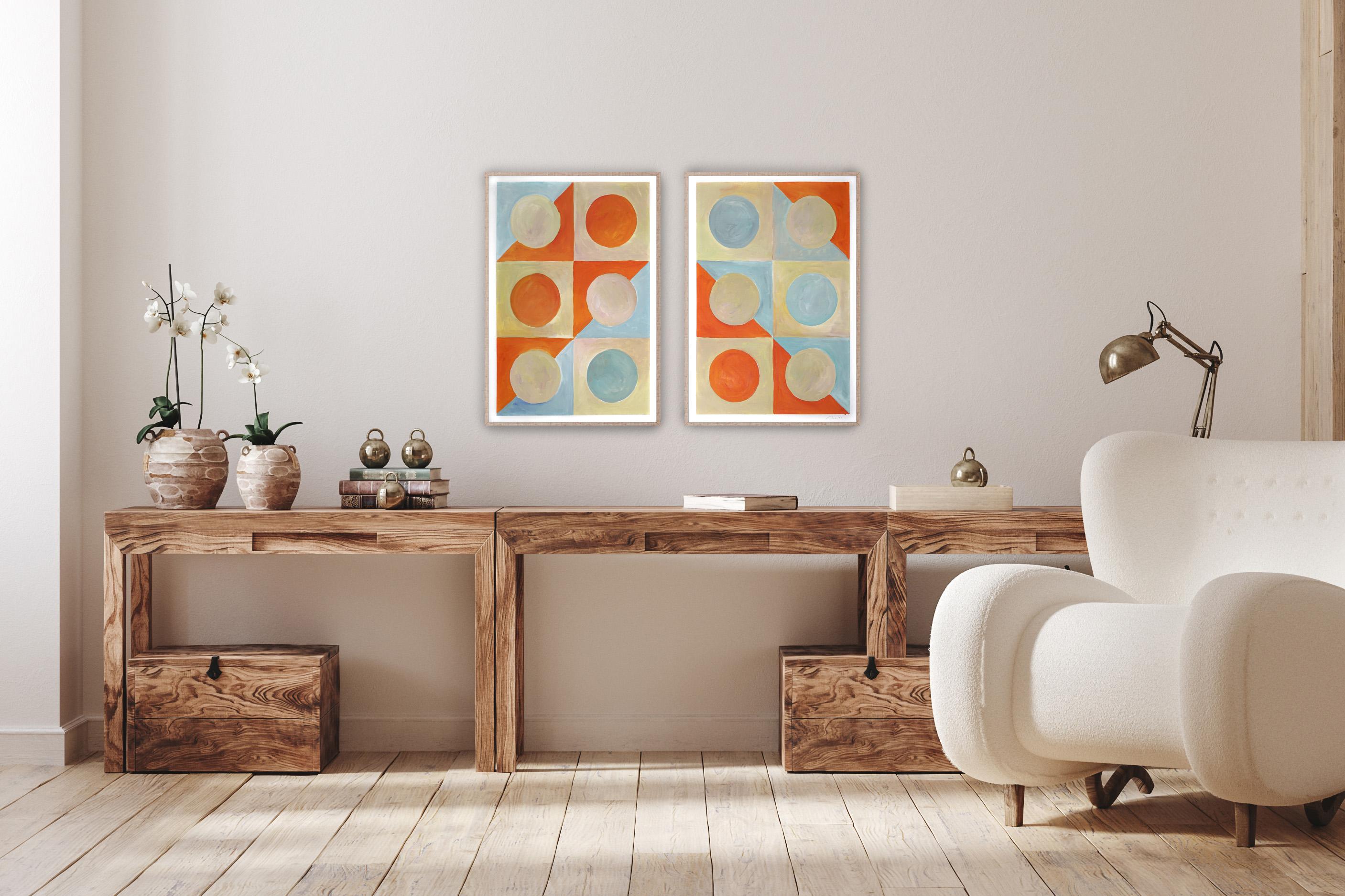 Yin Yang Golden Pattern Tiles, Orange and Turquoise Bauhaus Shapes Diptych, 2022 For Sale 2
