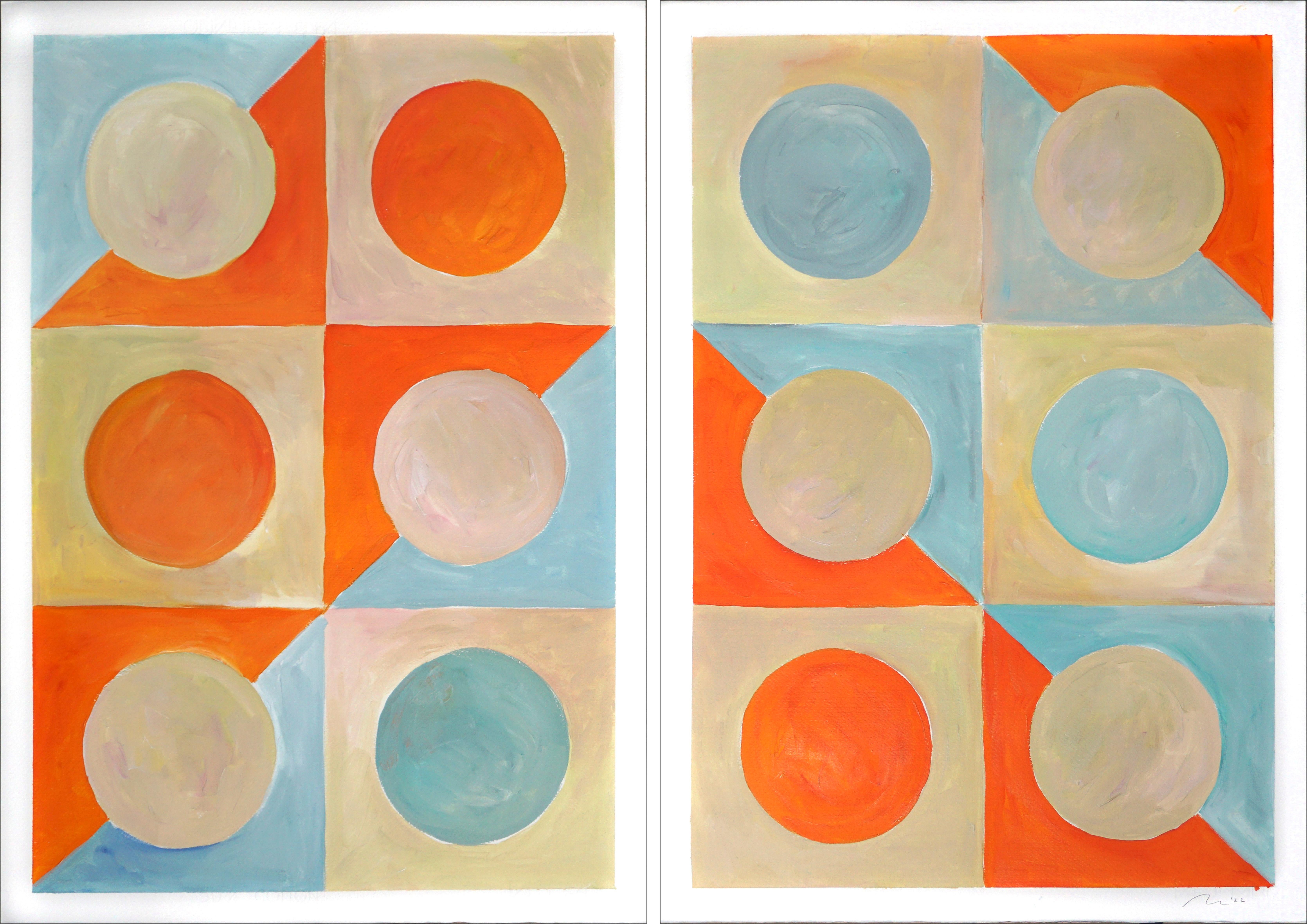 Natalia Roman Abstract Painting - Yin Yang Golden Pattern Tiles, Orange and Turquoise Bauhaus Shapes Diptych, 2022