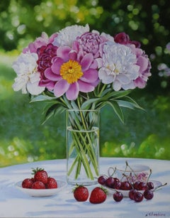 Pfingstrosen und Beeren, Original-Blumenölgemälde, Realismus, 50 x 40 cm, Kunst