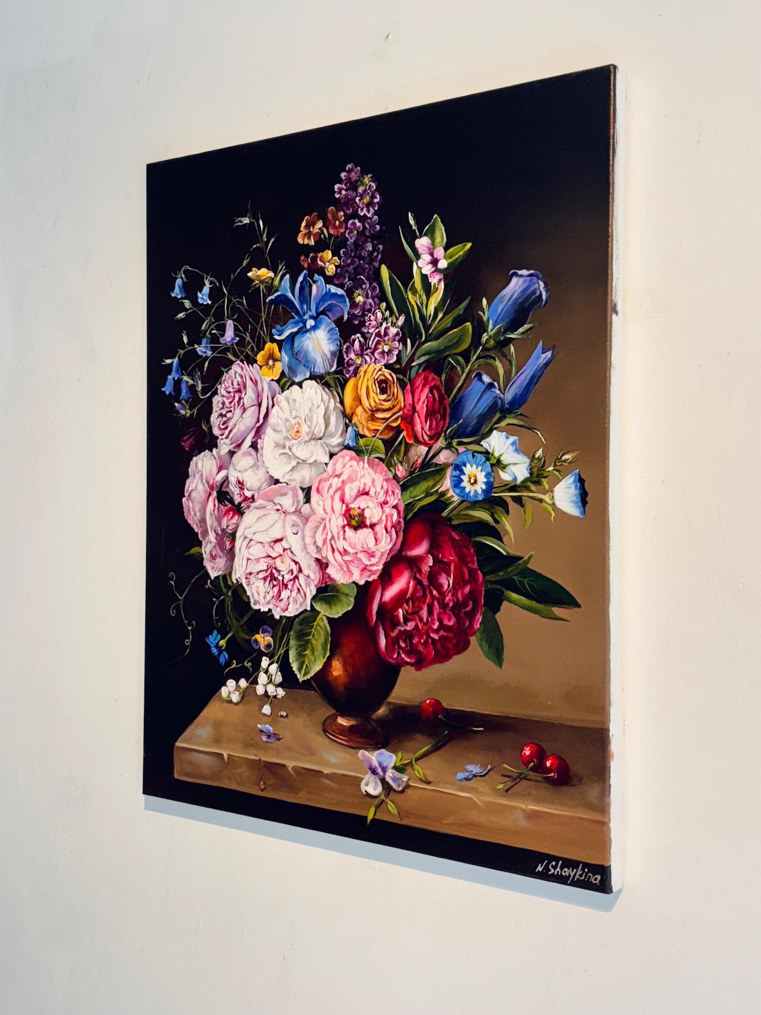 Summer Flowers-original still life realism floral oil painting-contemporary art - Black Landscape Painting by Natalia Shaykina