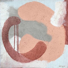 Composition XXI - square painting in light, grey, peach and red burgundy color 
