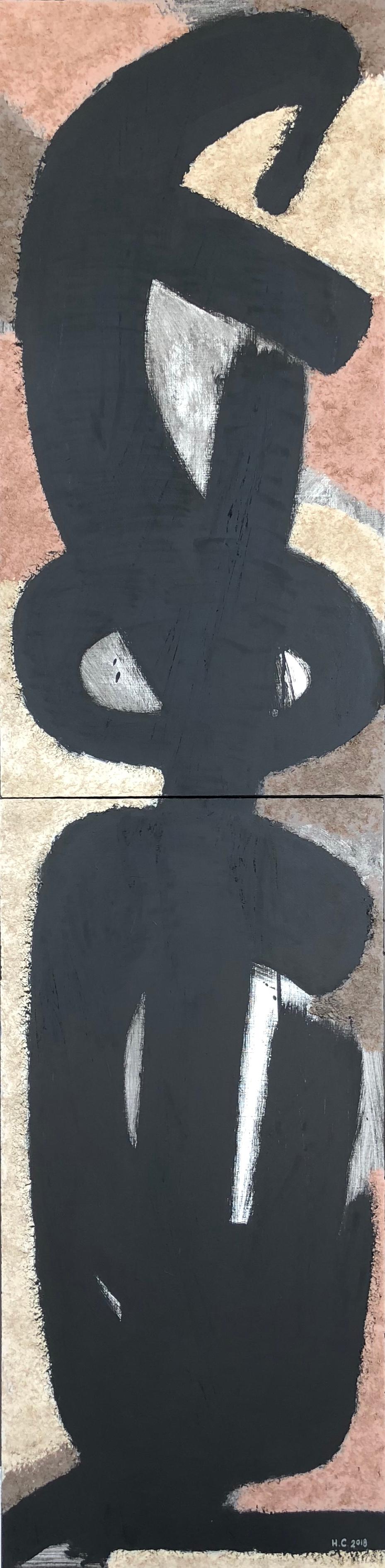 From Vertical Series II & III - art in dark in black, grey, beige, peach puff - Painting by Natalia Sitnikova