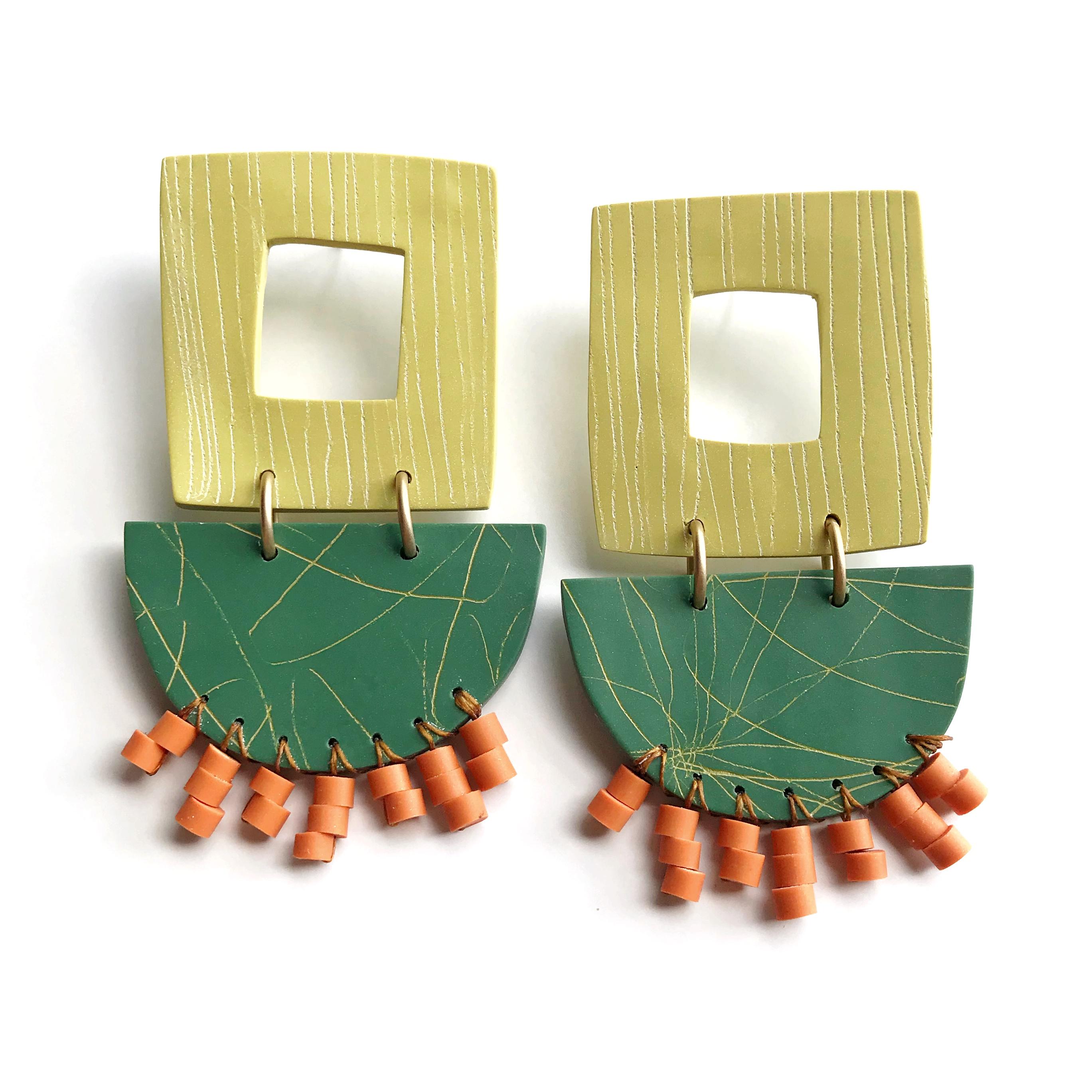 Colorful statement earrings in green, orange and yellow. Textured elements with bead woven details. Polymer clay, 18k gold-plated brass, nylon, acrylic and titanium posts.
