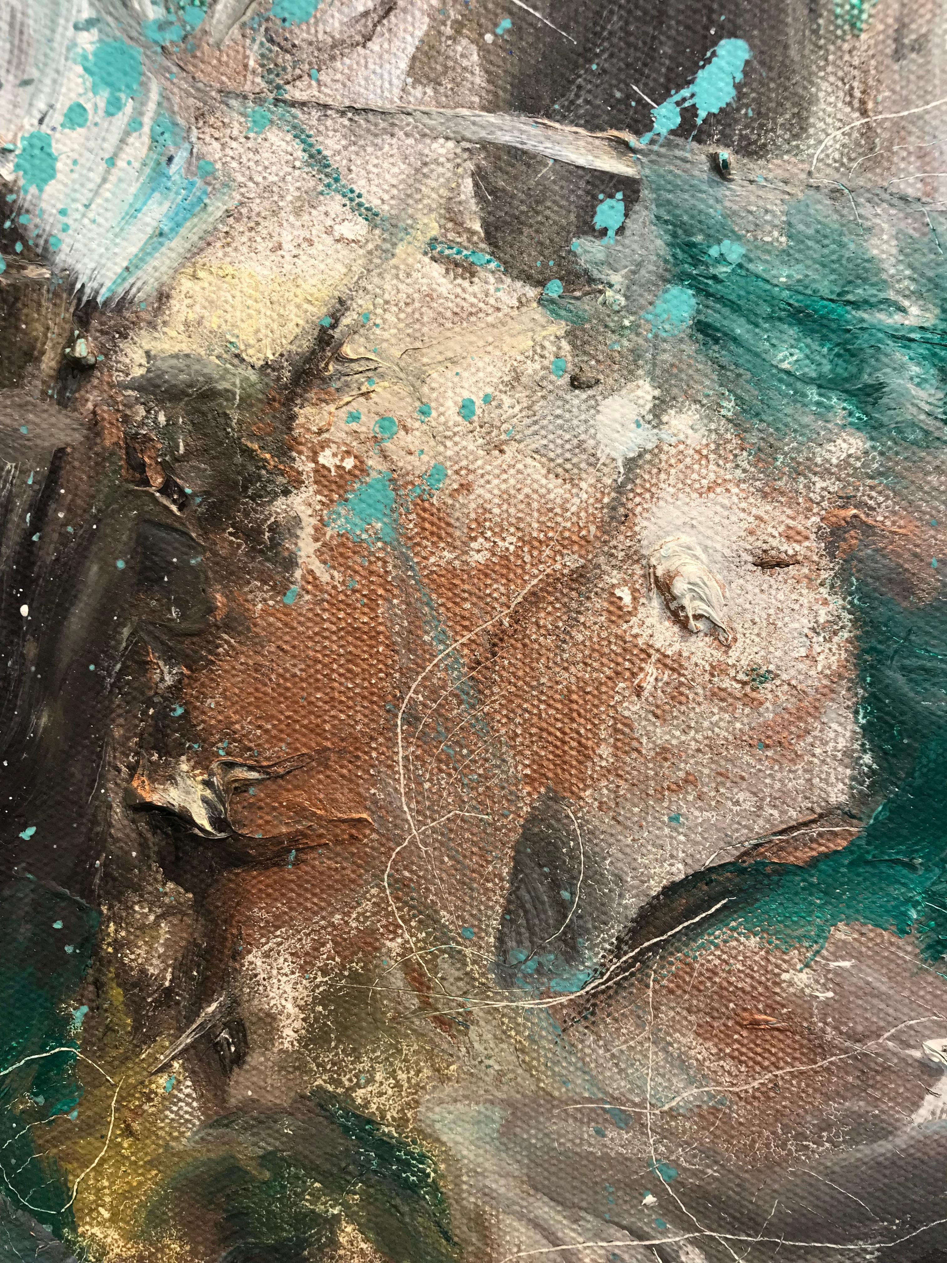 Copper Kintsukuroi II is a contemporary abstract oil painting by artist Natalia Wrobel. This diptych features mostly neutral tones with pops of turquoise. The difference in line weight, between Wrobel’s large brush strokes and more meticulous