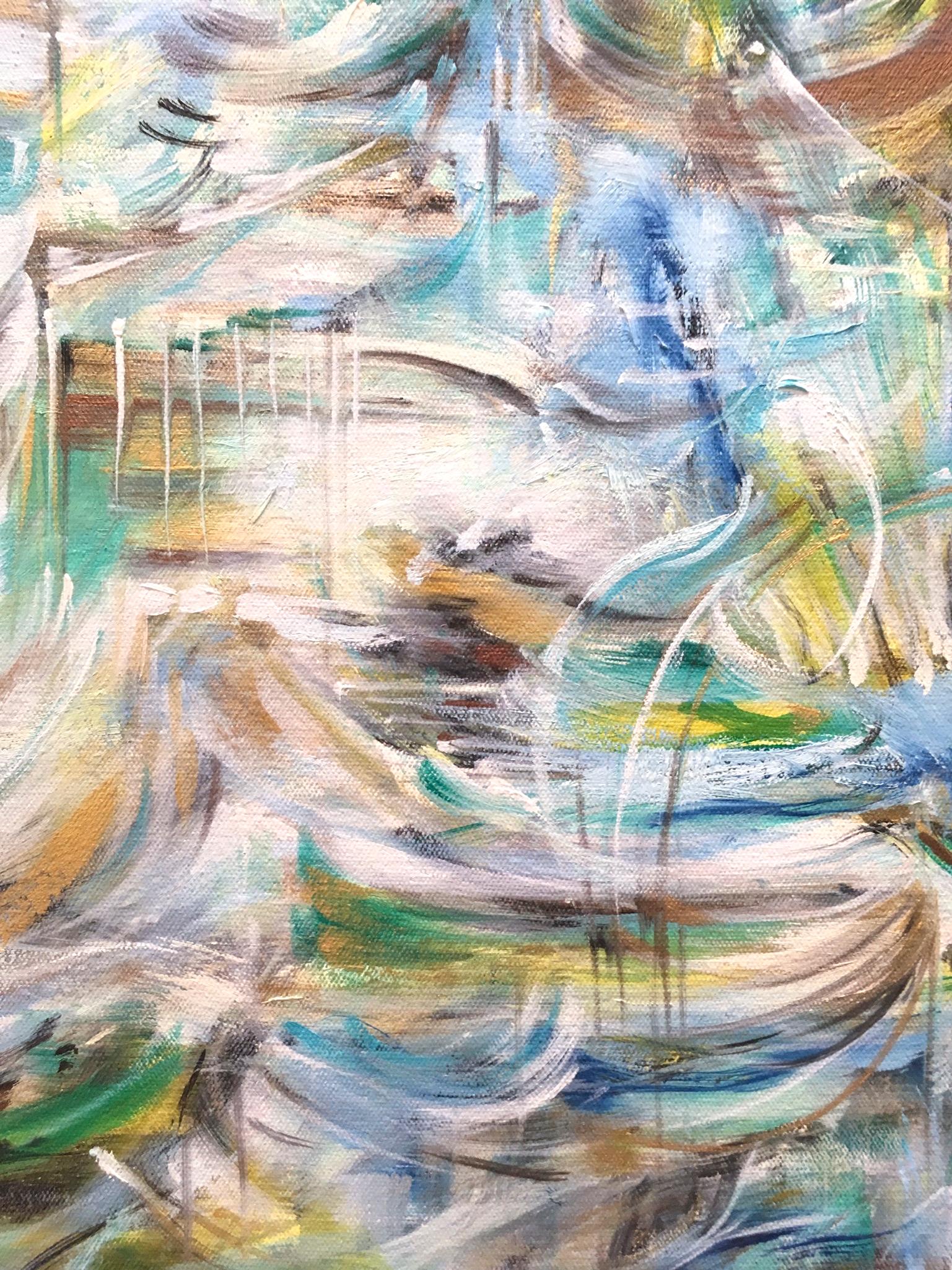 Counter Current is a contemporary abstract oil painting by artist Natalia Wrobel. In this painting, a mixture of blue and very subtle yellow and green tones create a movement reminiscent of a seascape. It offers the viewer a sense of calm through