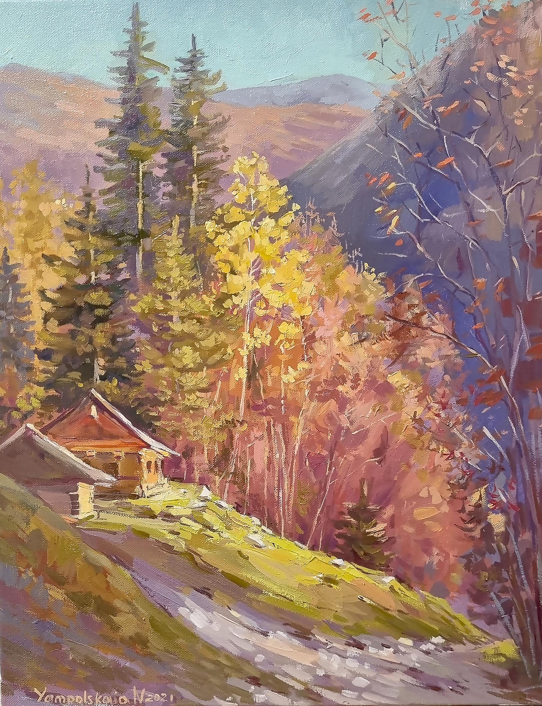 Natalia Yampolskaya Landscape Painting - At sunset. Autumn 2021 - Oil Landscape painting White Green Blue Yellow Brown