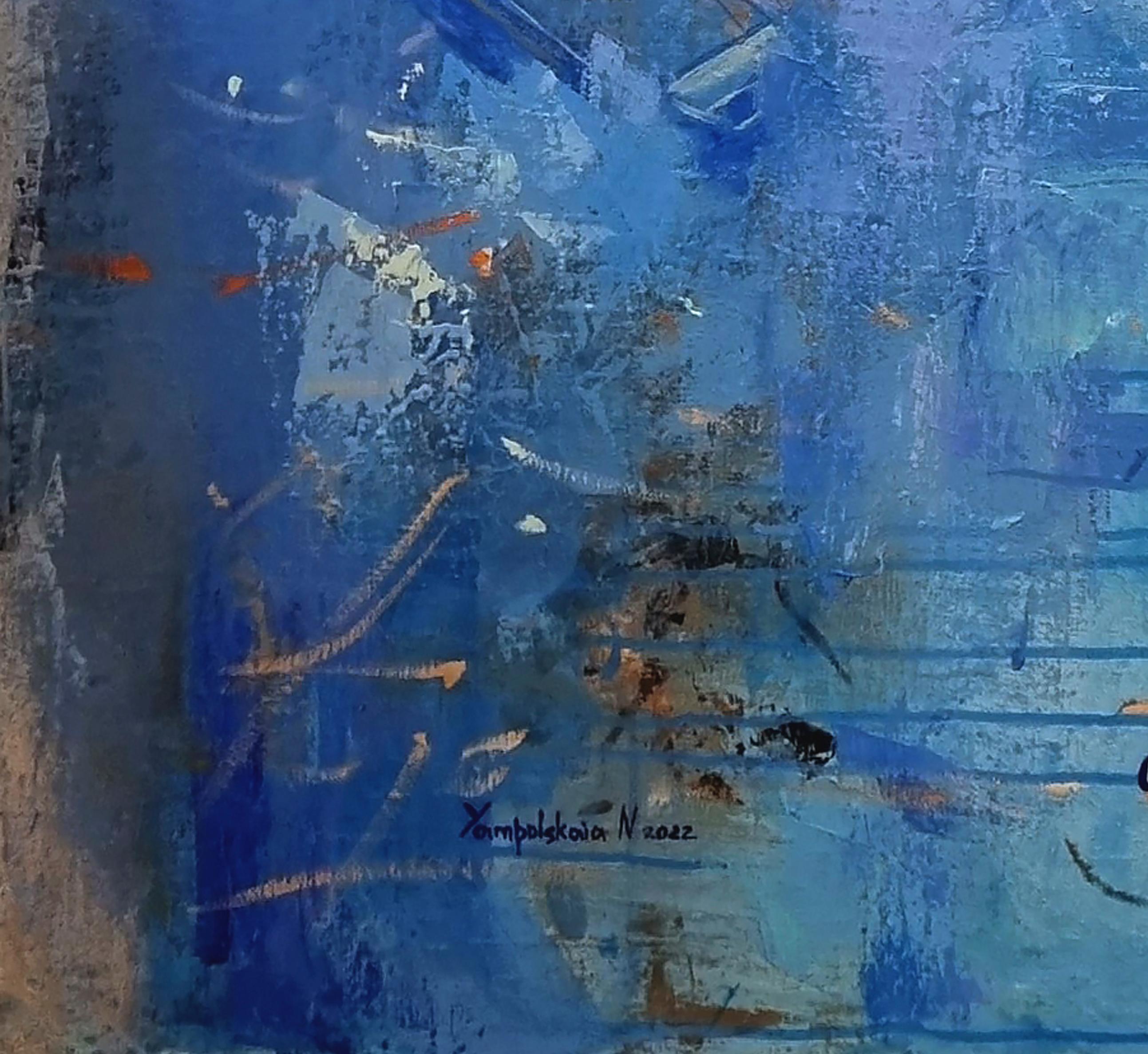 Peinture à l'huile - Paysage au coucher du soleil - Gris, blanc, orange, lilas, jaune et rose - Painting de Natalia Yampolskaya