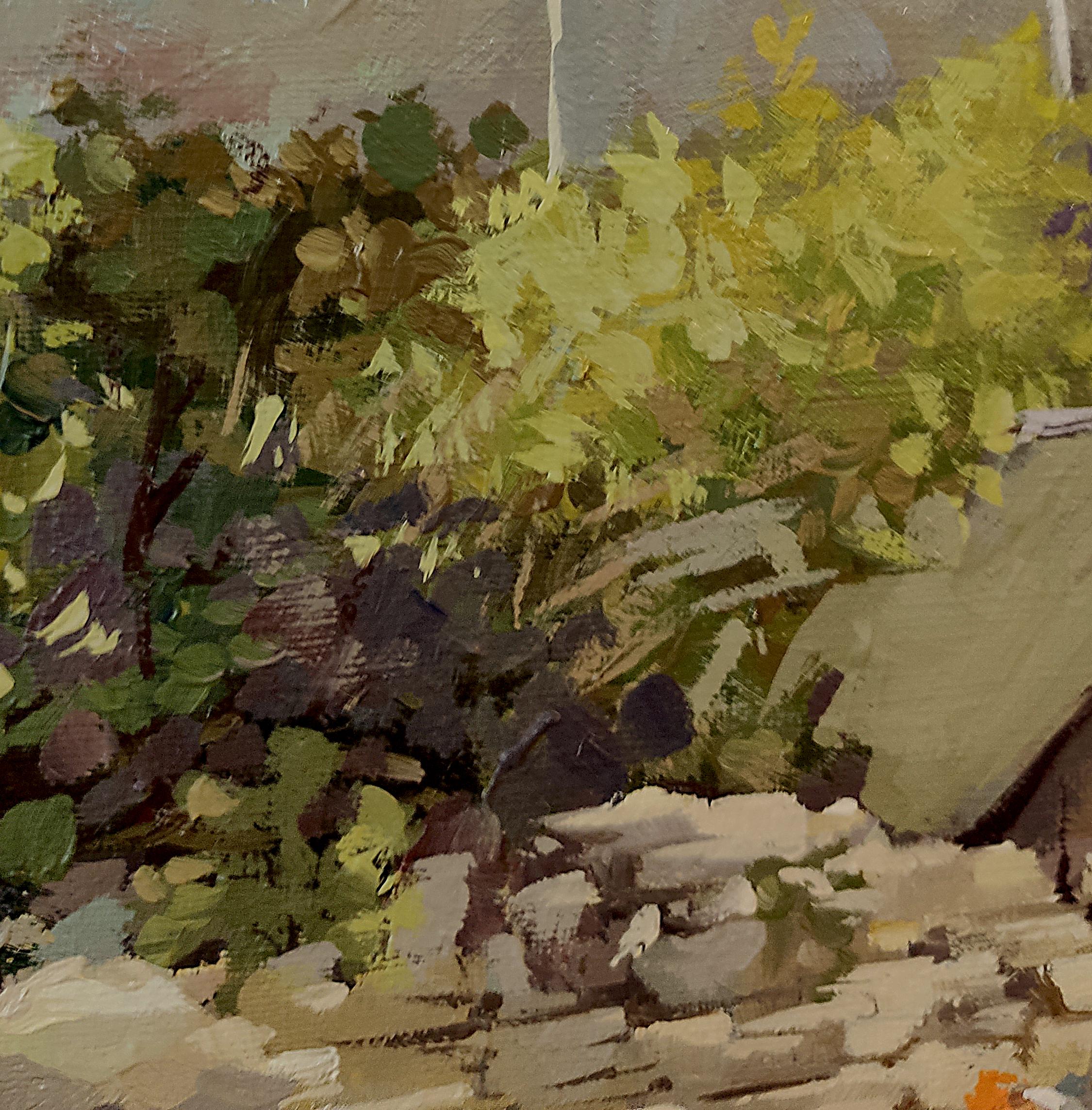 Agosto 2021 - Pittura ad olio di paesaggio Colori Bianco Verde Blu Giallo Marrone - Painting Impressionismo di Natalia Yampolskaya