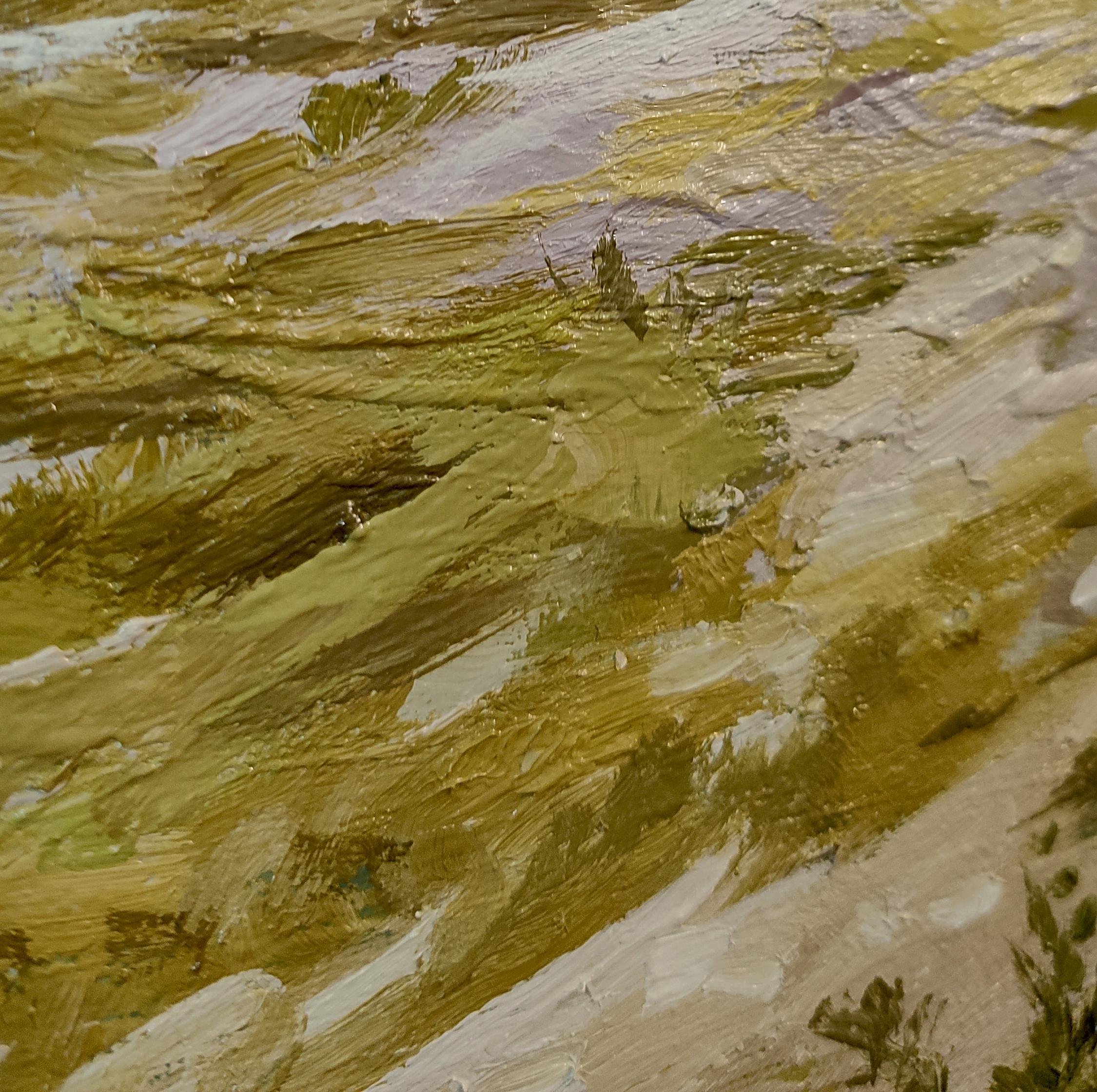 Agosto 2021 - Pittura ad olio di paesaggio Colori Bianco Verde Blu Giallo Marrone in vendita 1