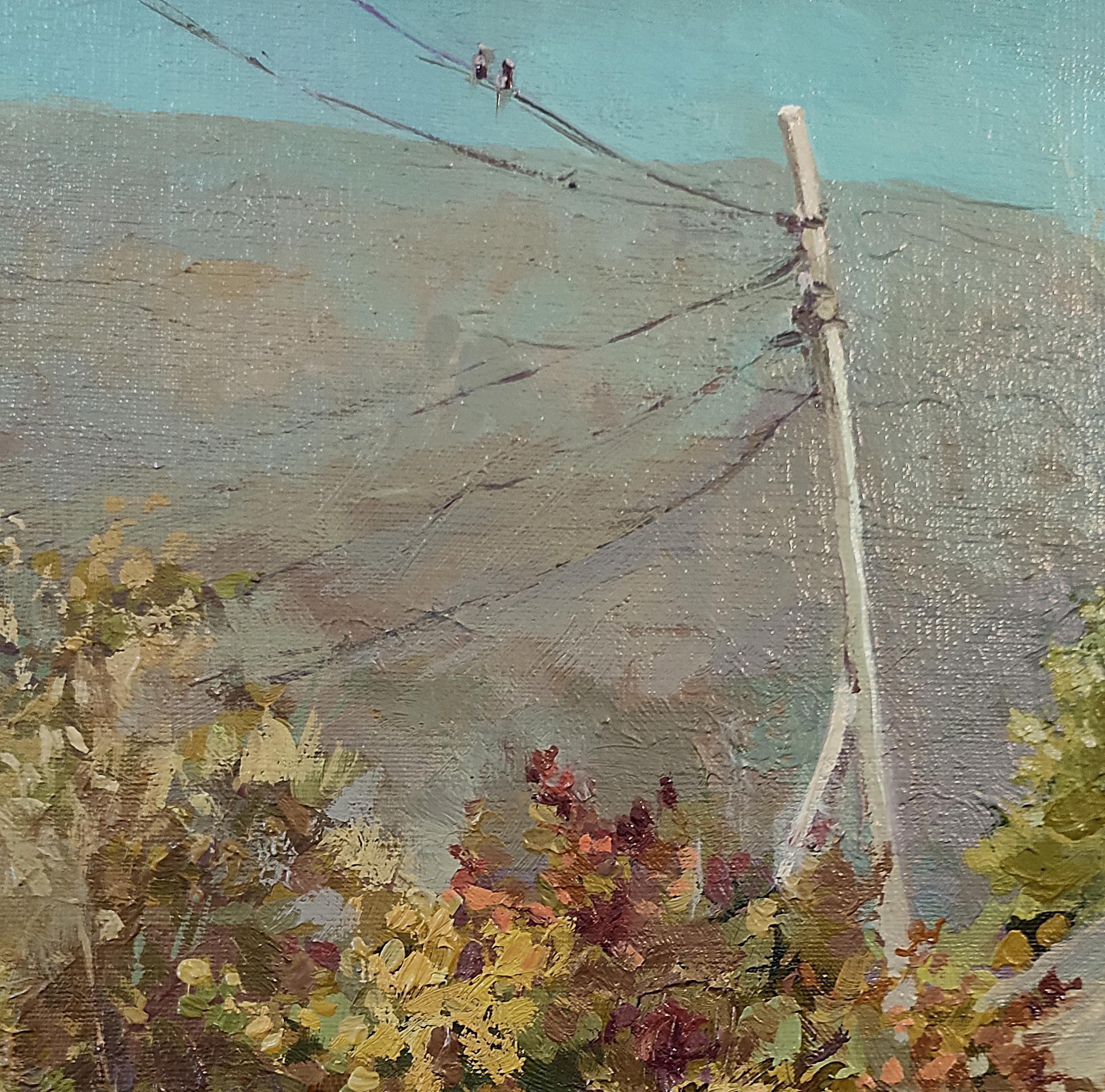 Agosto 2021 - Pittura ad olio di paesaggio Colori Bianco Verde Blu Giallo Marrone in vendita 2