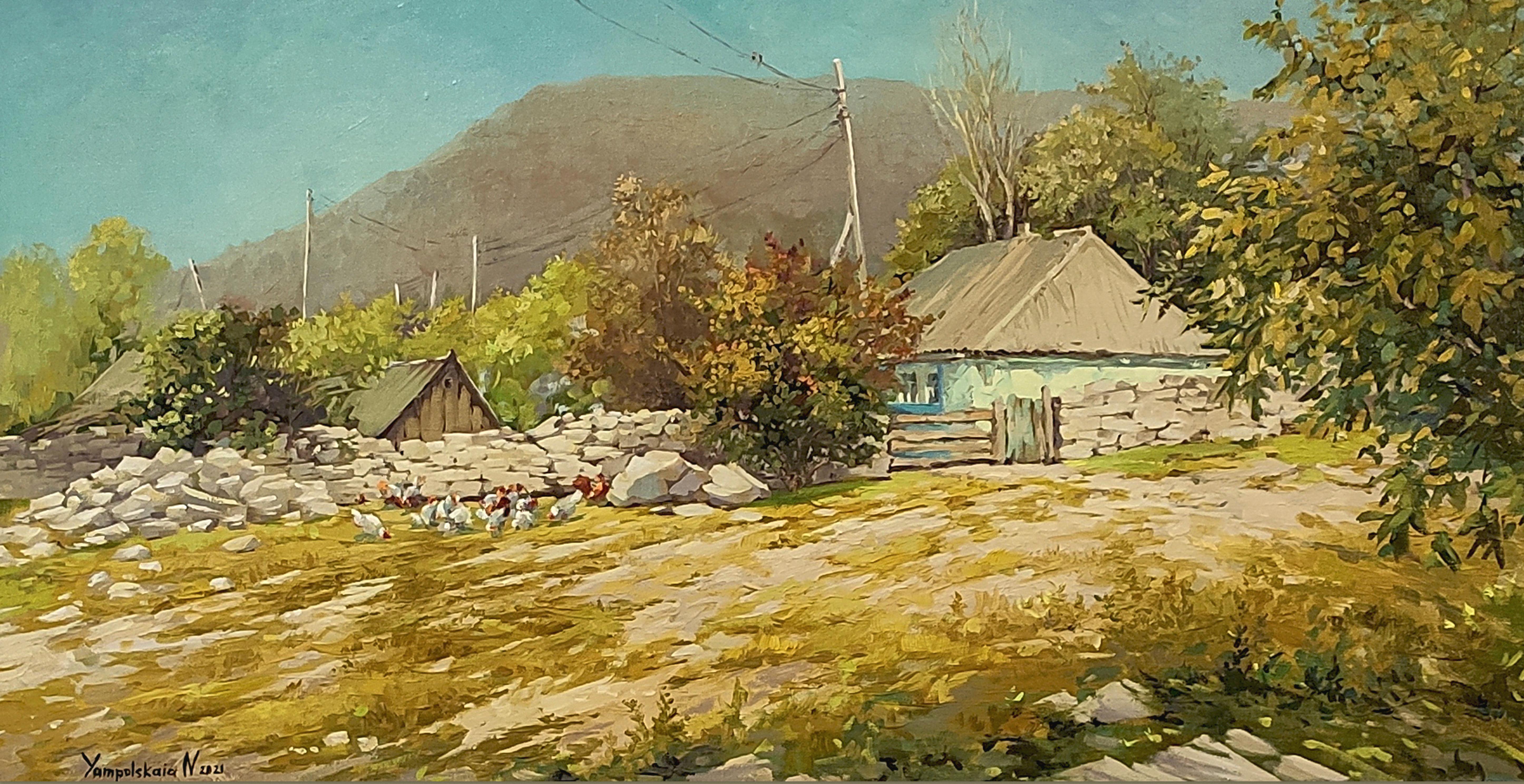 Landscape Painting di Natalia Yampolskaya - Agosto 2021 - Pittura ad olio di paesaggio Colori Bianco Verde Blu Giallo Marrone