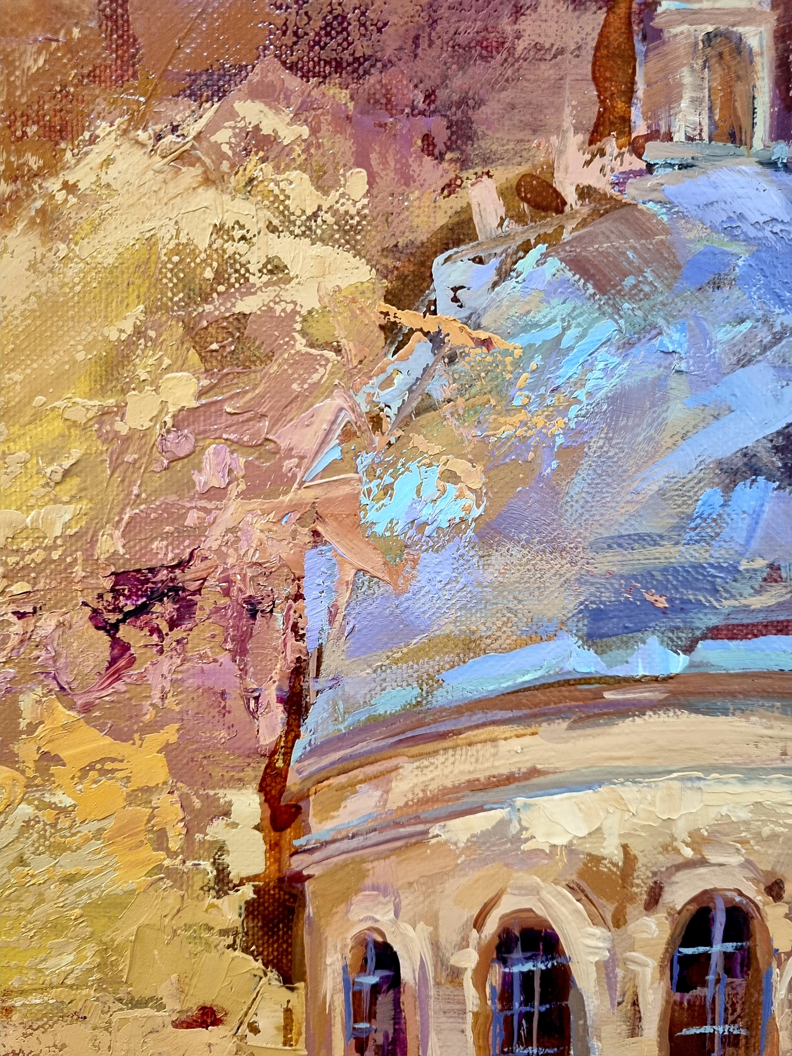 Autunno - Paesaggio dipinto a olio Grigio Bianco Arancione Lilla Giallo Rosa - Painting di Natalia Yampolskaya