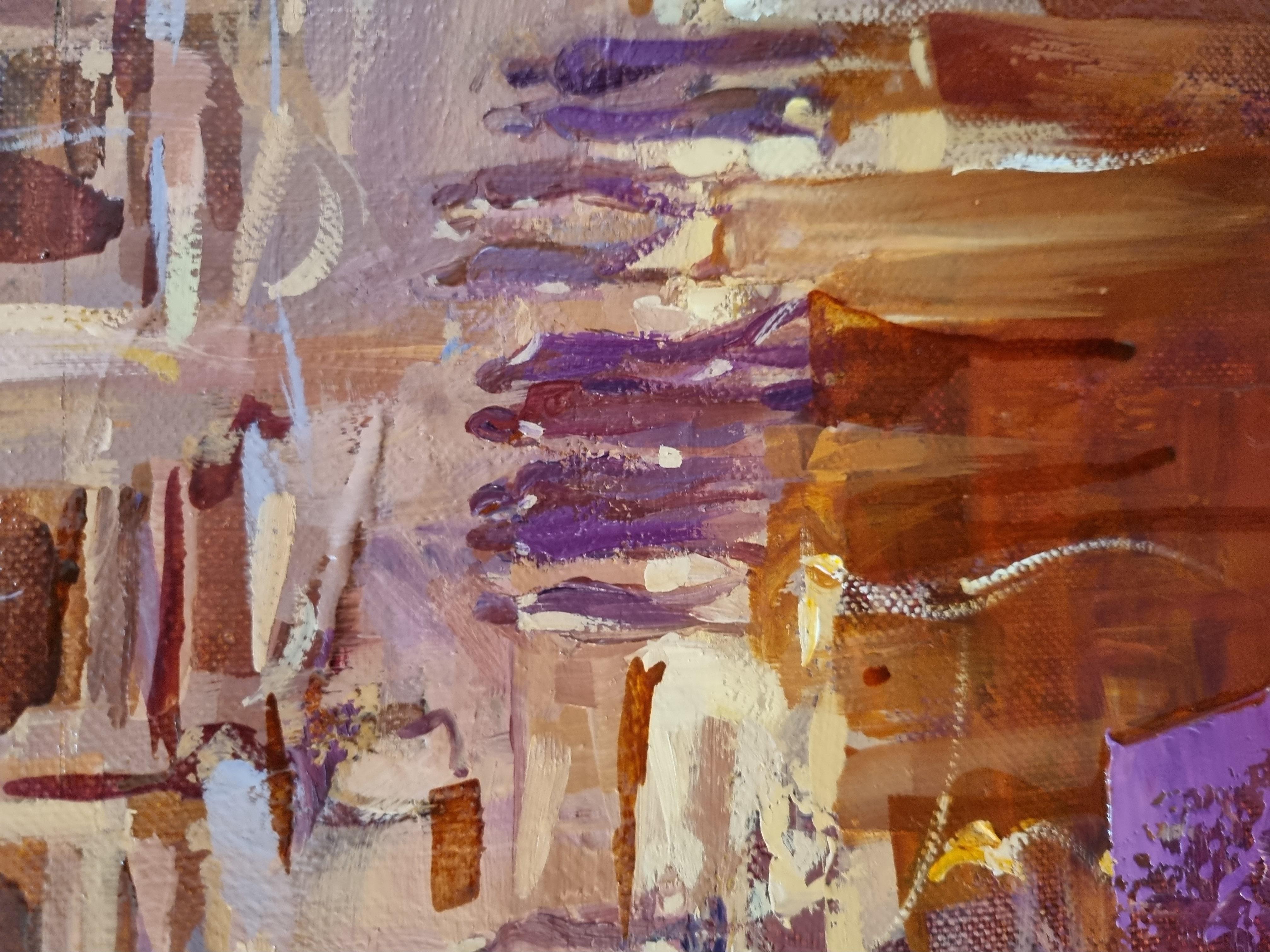 Autunno - Paesaggio dipinto a olio Grigio Bianco Arancione Lilla Giallo Rosa in vendita 1