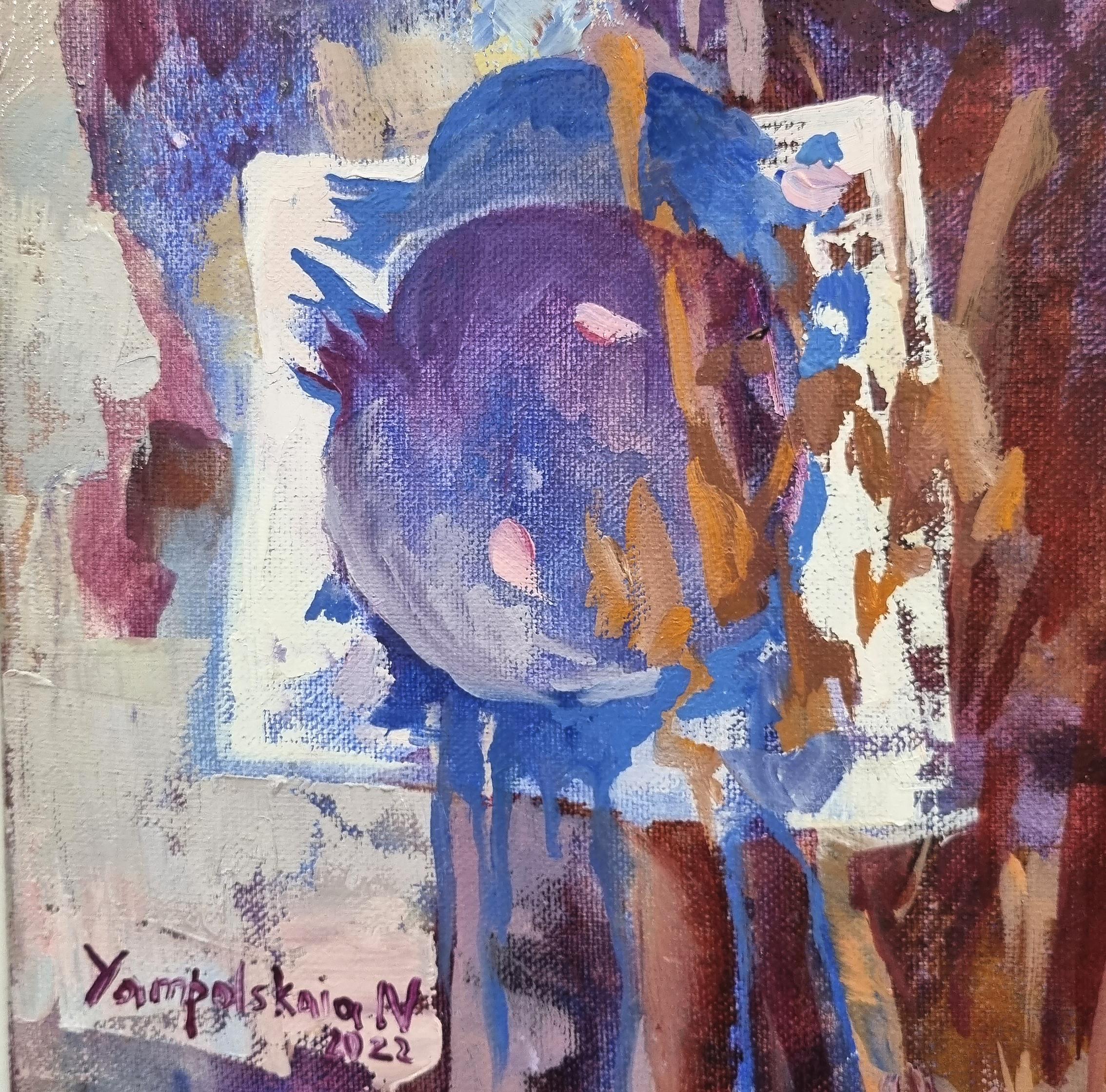 Eve - abstraktes Ölgemälde in Weiß, Grün, Blau, Gelb und Braun – Painting von Natalia Yampolskaya