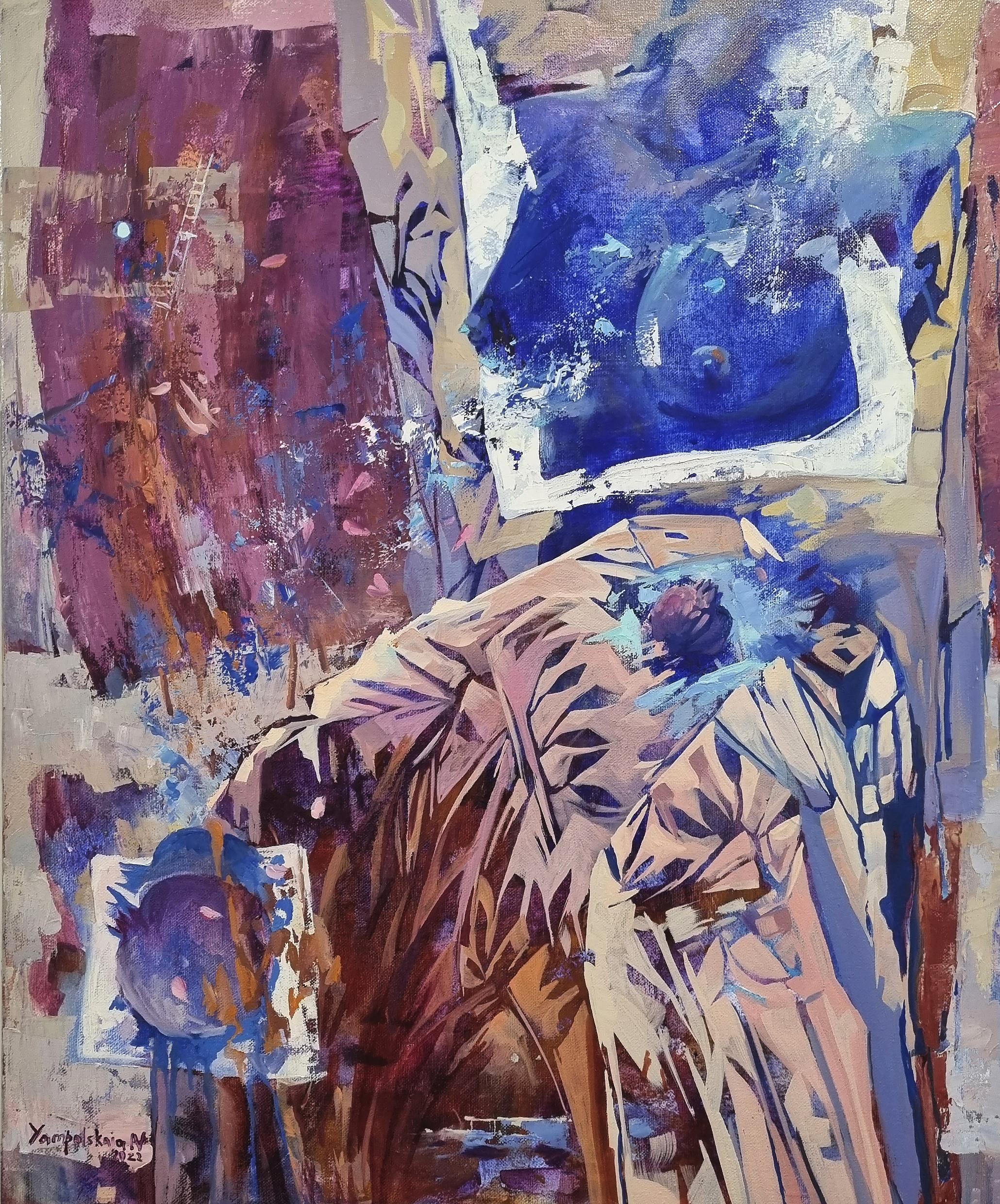 Natalia Yampolskaya Abstract Painting – Eve - abstraktes Ölgemälde in Weiß, Grün, Blau, Gelb und Braun