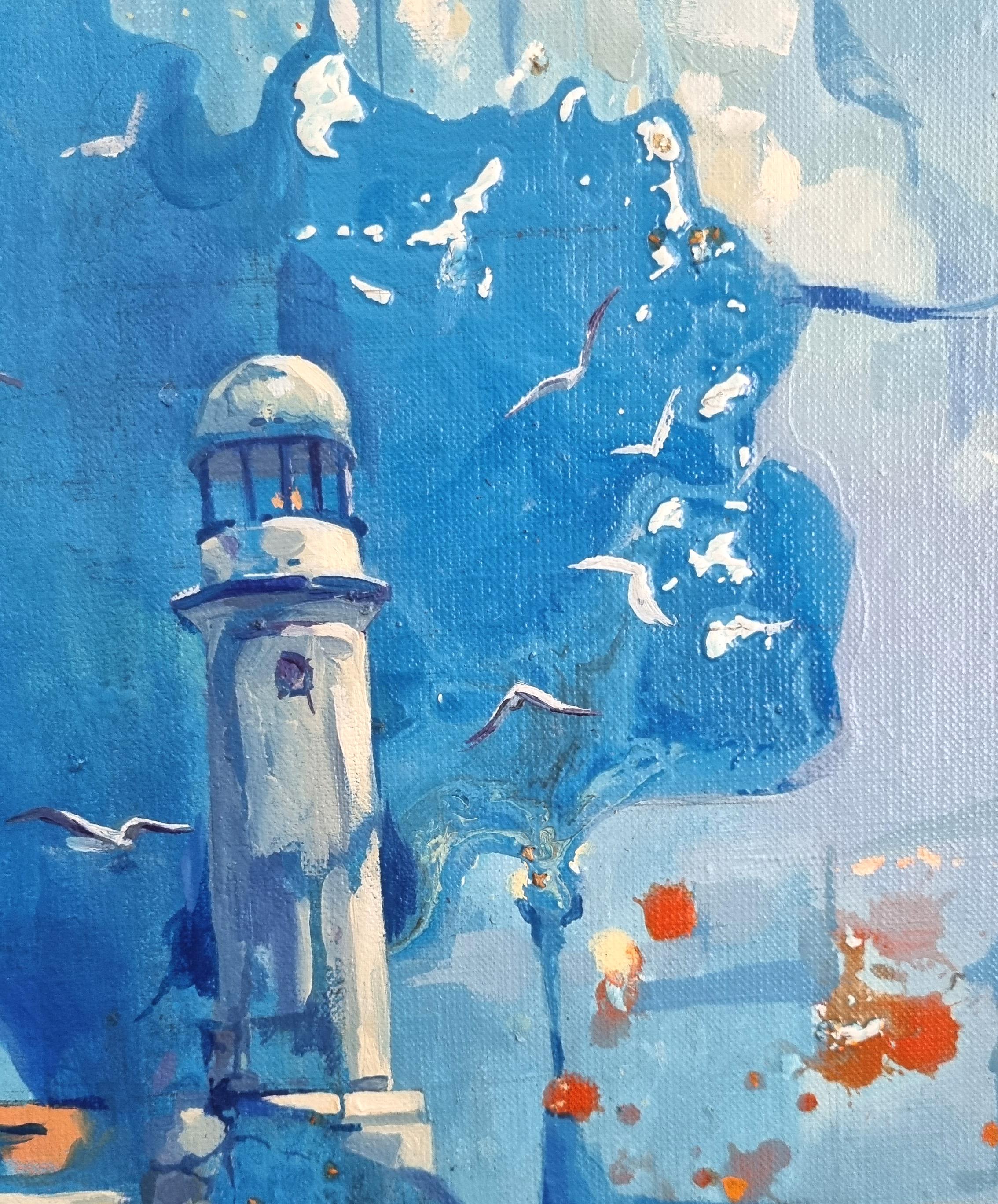 Lighthouse - Oil Landscape painting White Orange Brown - Impressionist Painting by Natalia Yampolskaya